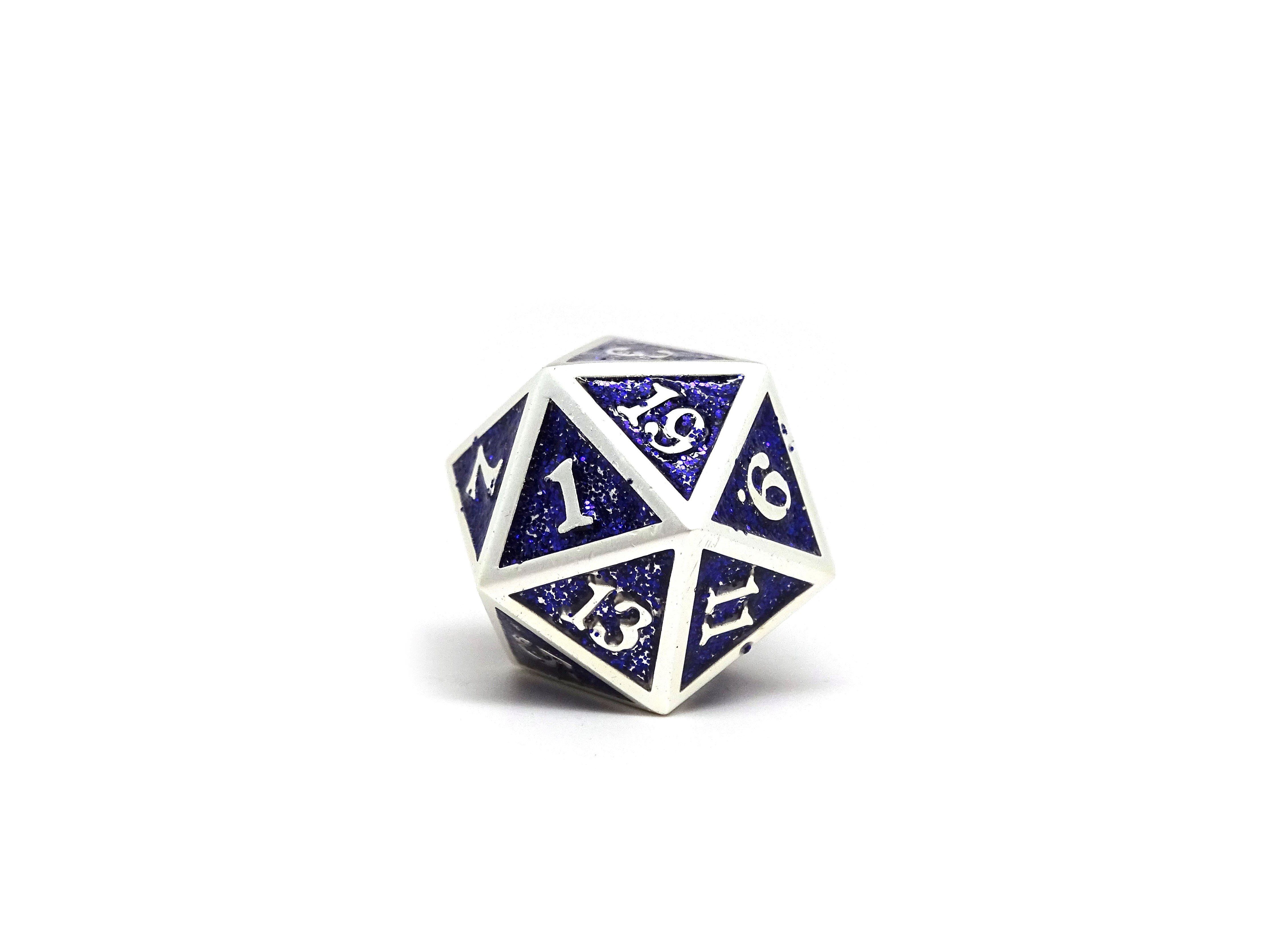 Heroic Dice of Metallic Luster - Single D20 Dice - Purple with Silver Font - Bards & Cards