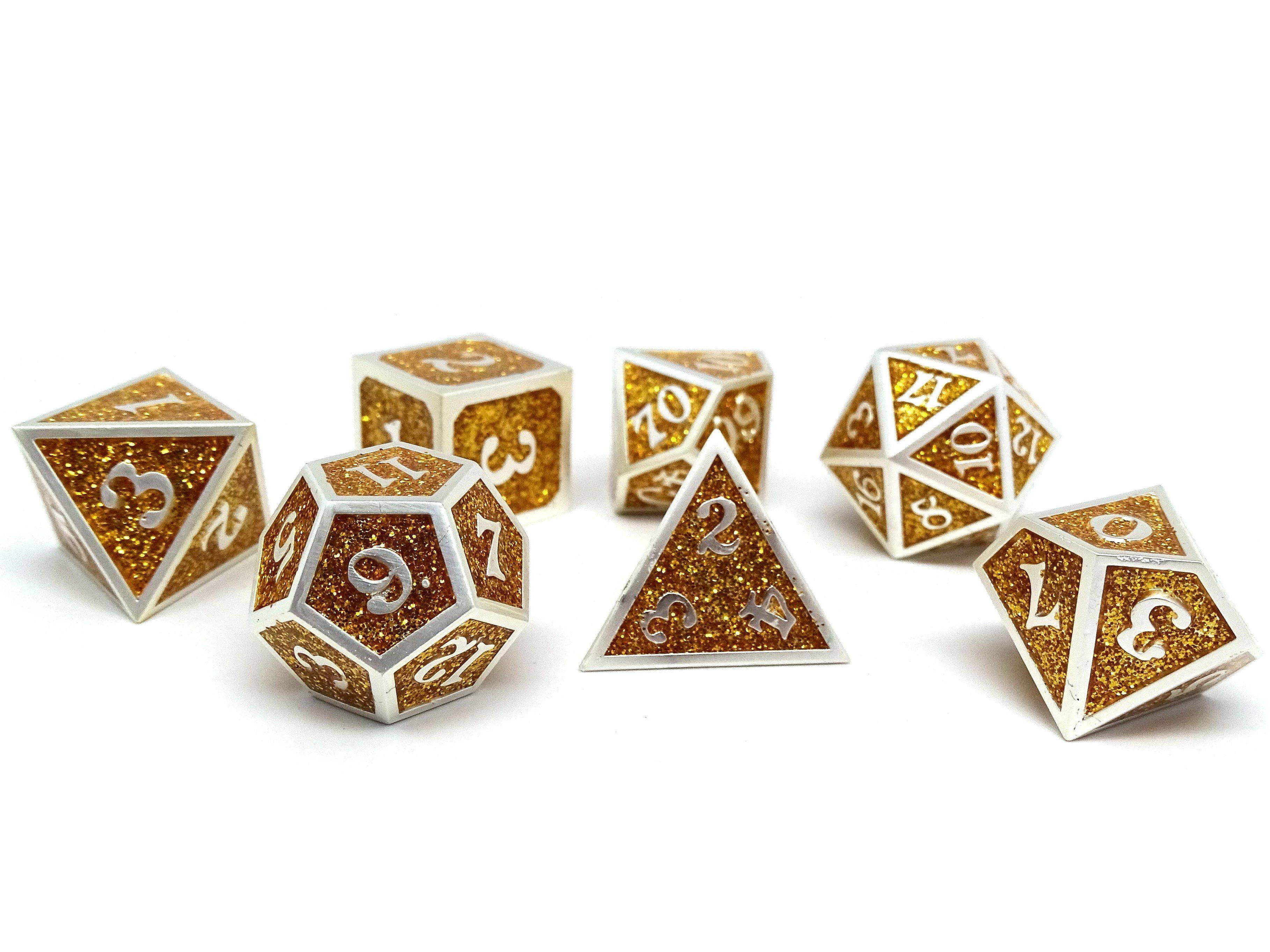 Heroic Dice of Metallic Luster - Gold with Silver Font - Bards & Cards