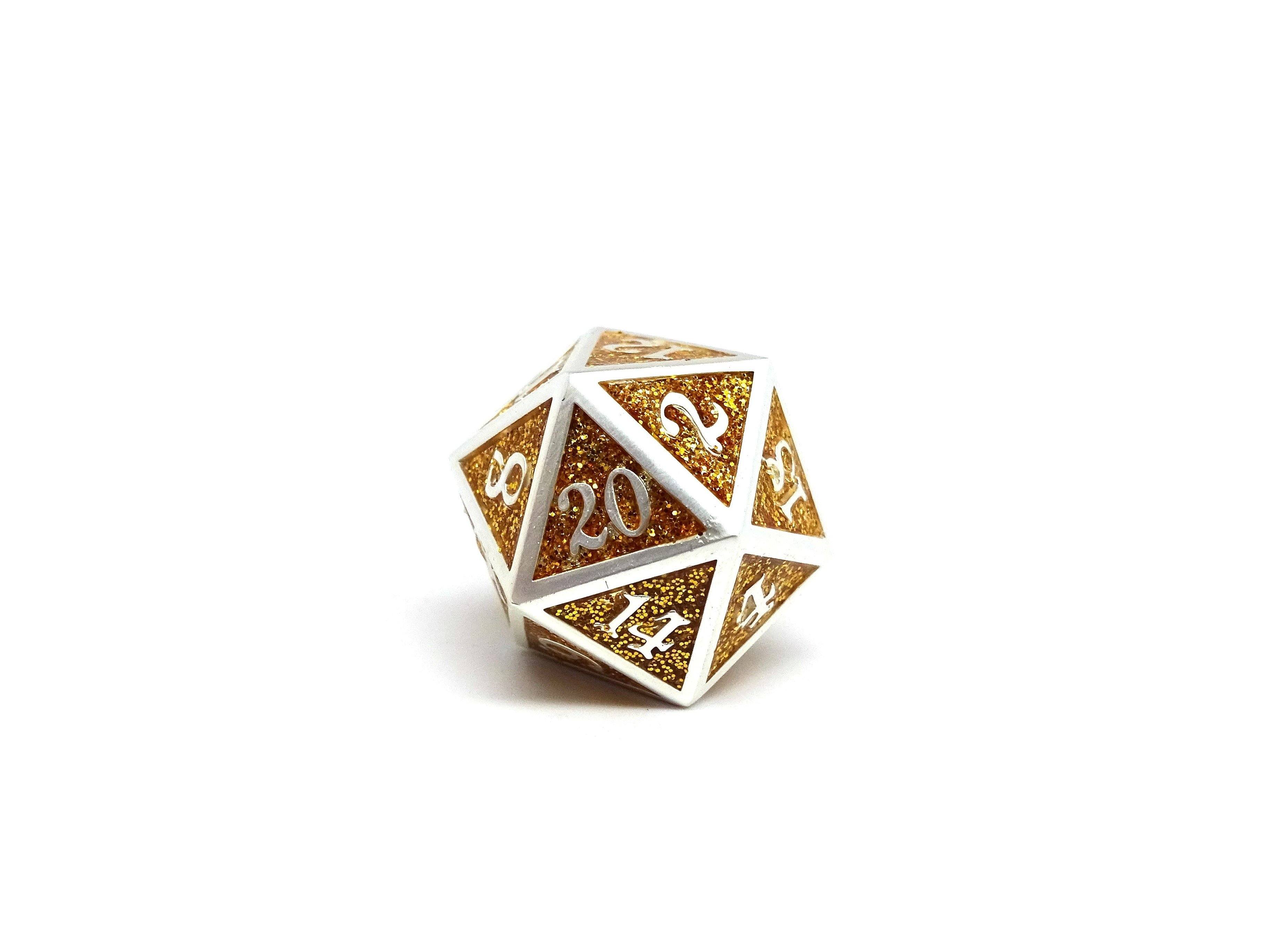 Heroic Dice of Metallic Luster - Single D20 Dice - Gold with Silver Font - Bards & Cards