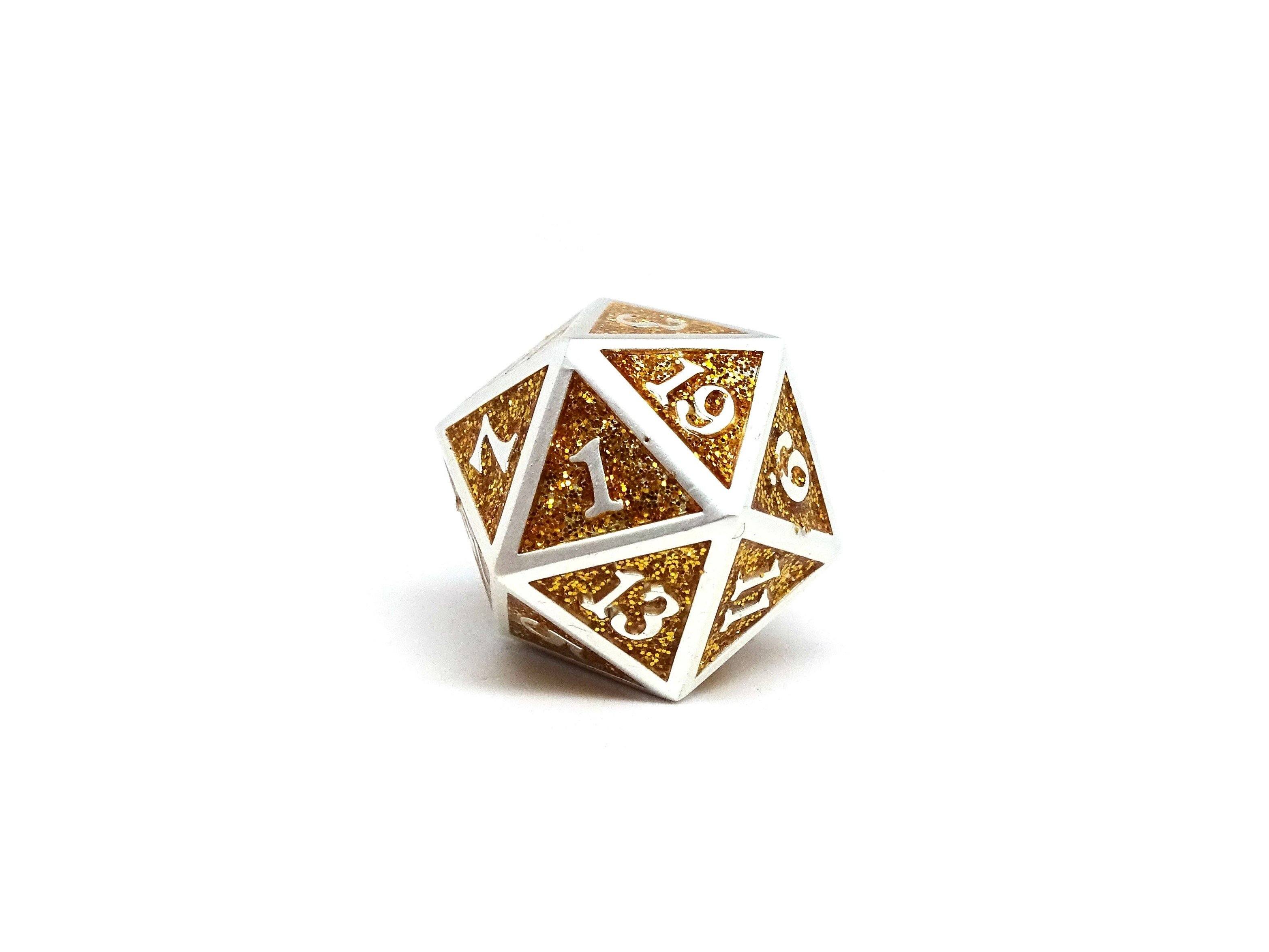 Heroic Dice of Metallic Luster - Single D20 Dice - Gold with Silver Font - Bards & Cards