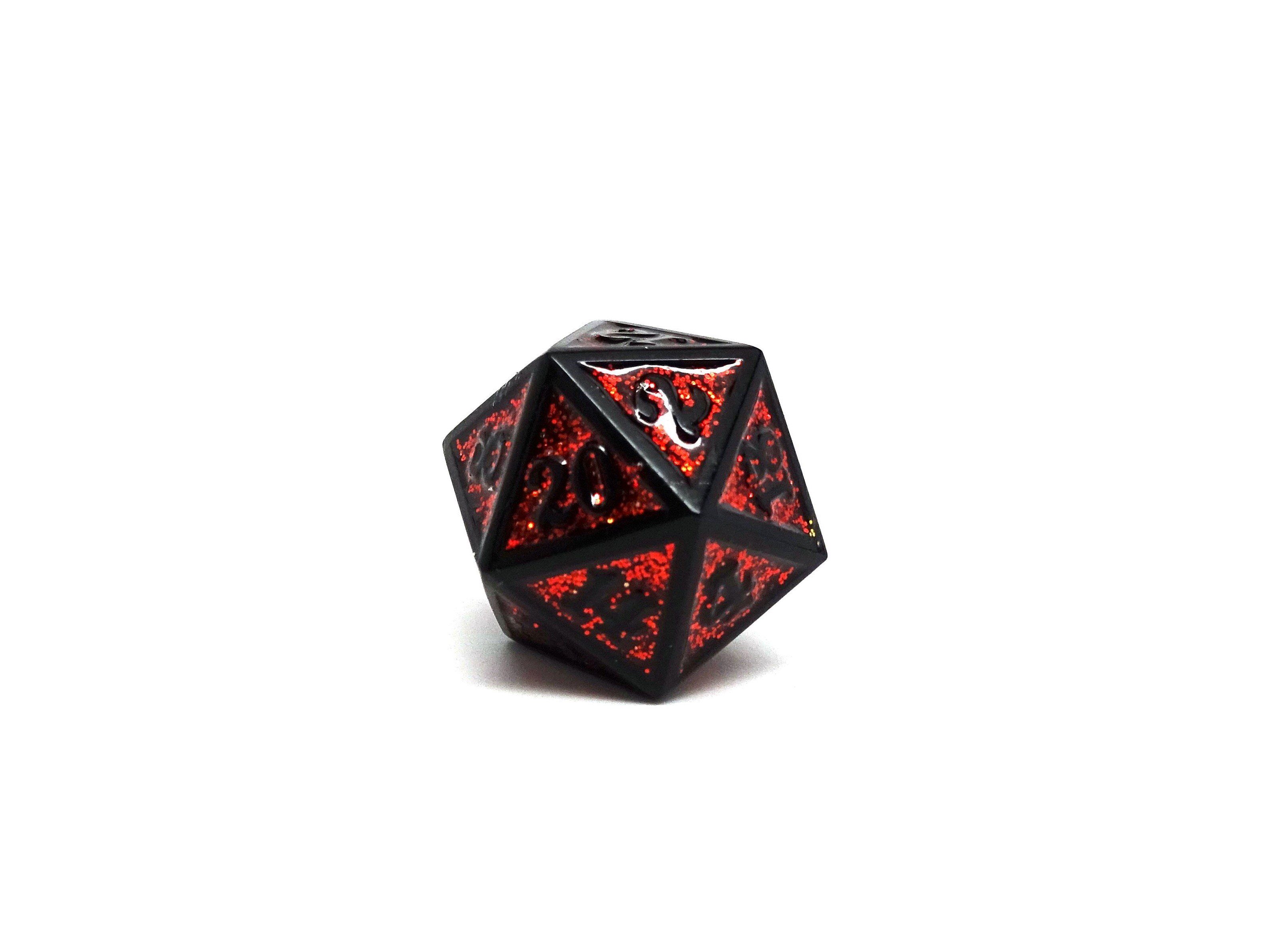 Heroic Dice of Metallic Luster - Single D20 Dice - Red with Black Font - Bards & Cards