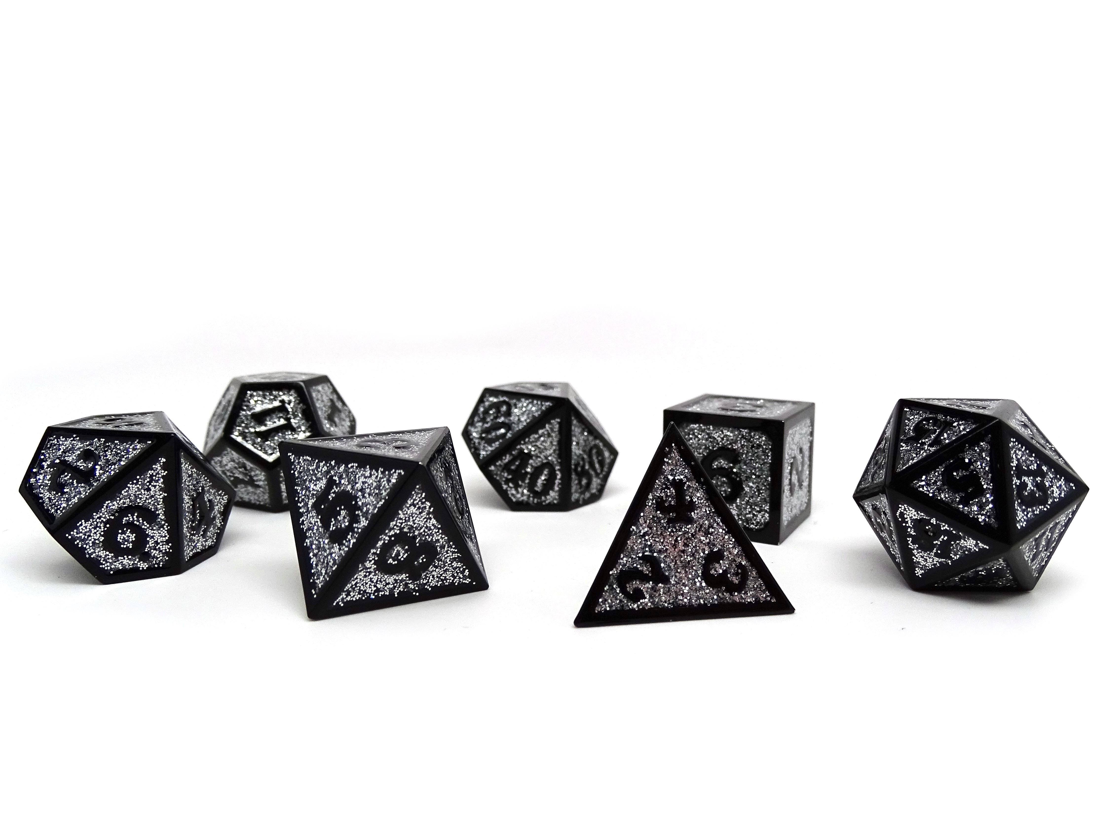 Heroic Dice of Metallic Luster -  Silver with Black Font - Bards & Cards