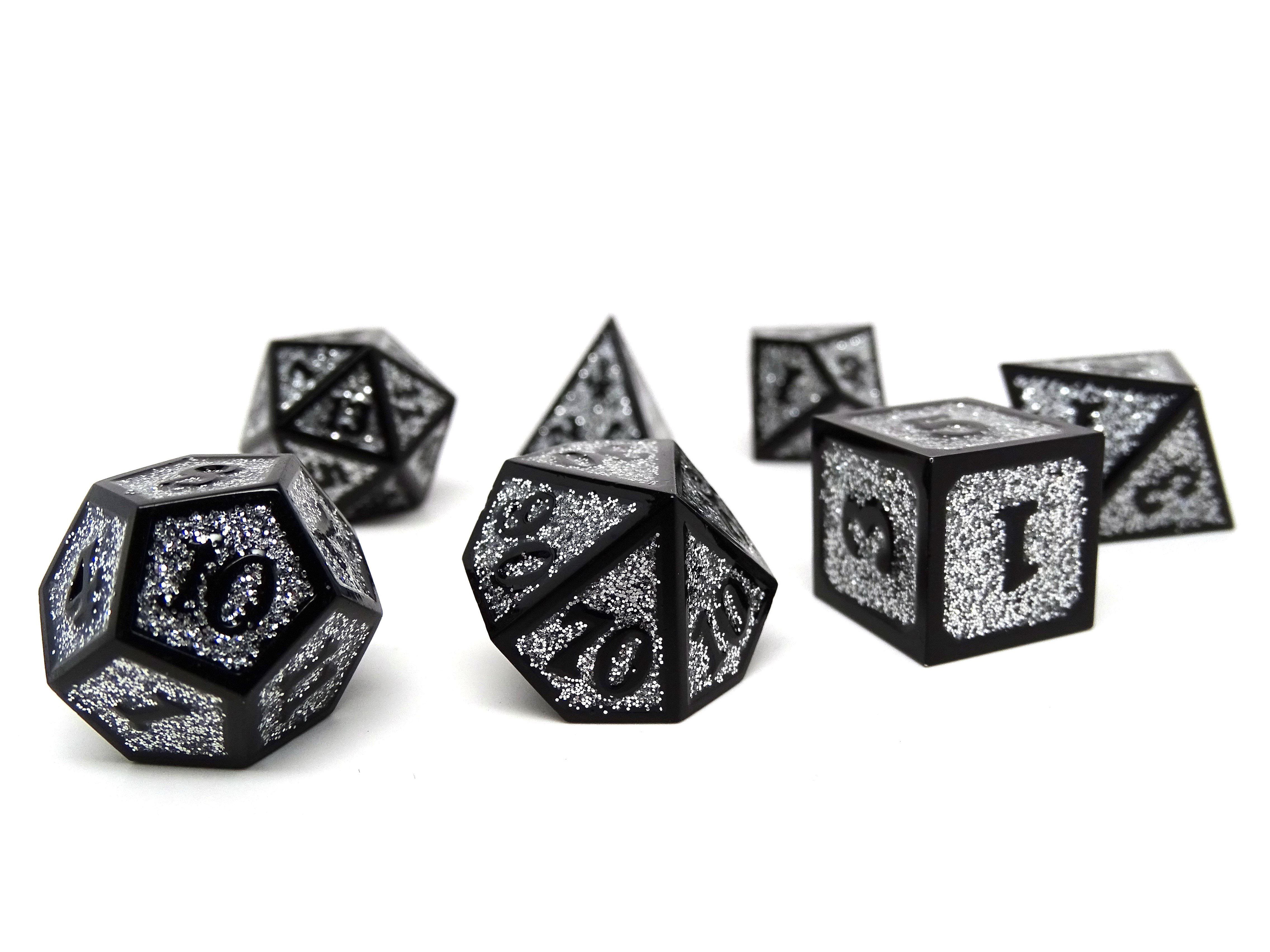 Heroic Dice of Metallic Luster -  Silver with Black Font - Bards & Cards