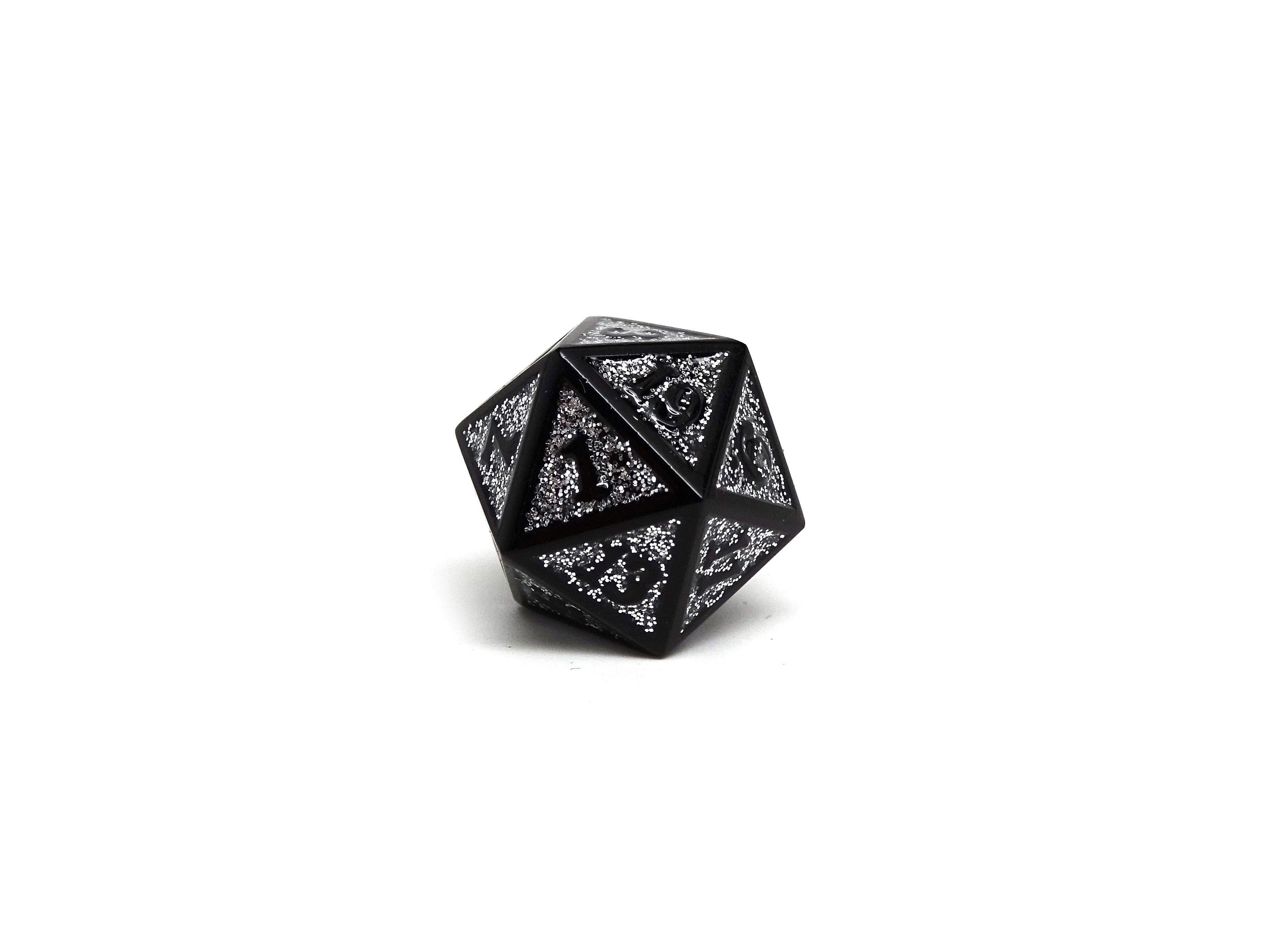 Heroic Dice of Metallic Luster - Single D20 Dice - Silver with Black Font - Bards & Cards