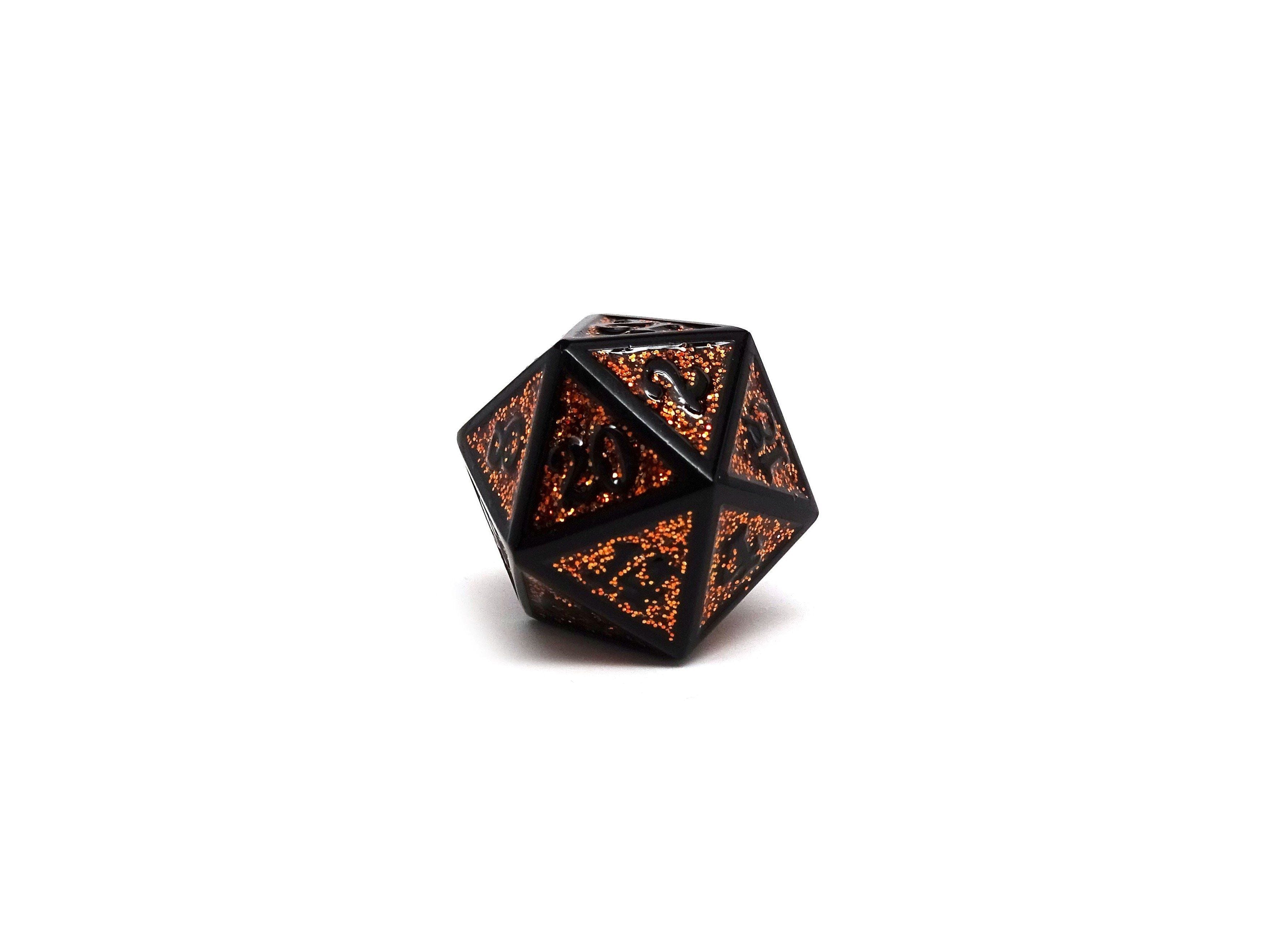 Heroic Dice of Metallic Luster - Single D20 Dice - Orange with Black Font - Bards & Cards