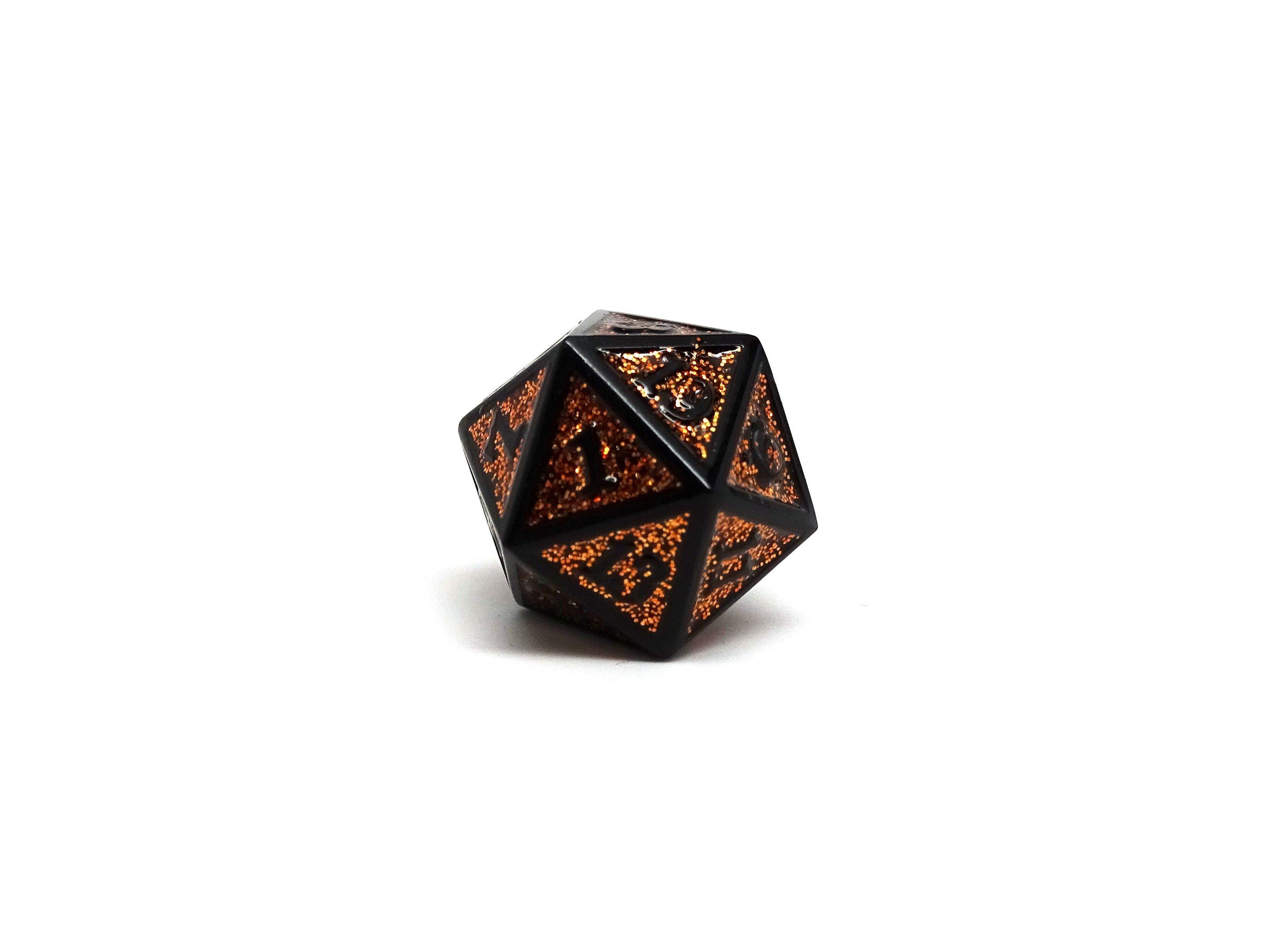 Heroic Dice of Metallic Luster - Single D20 Dice - Orange with Black Font - Bards & Cards