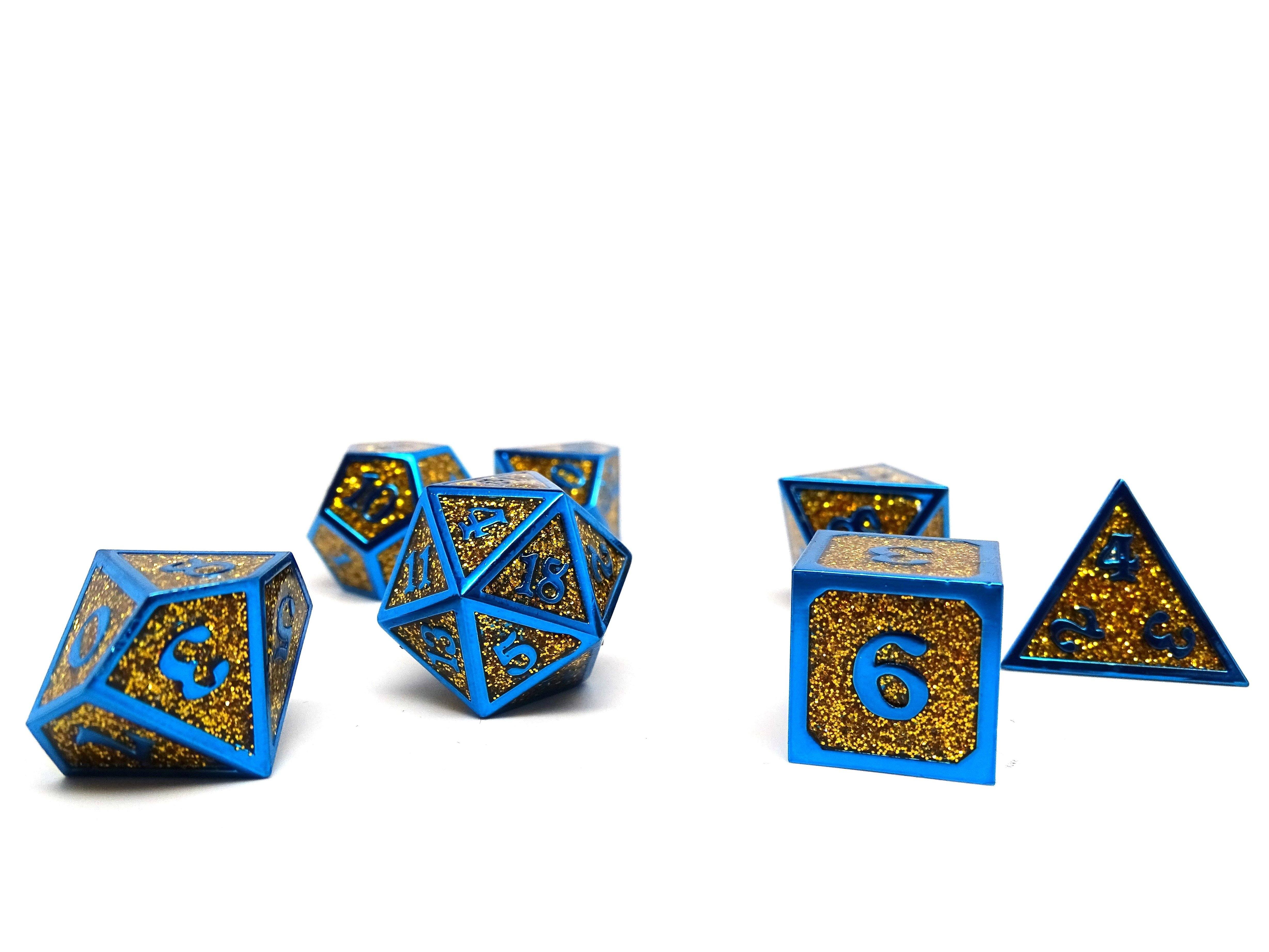 Heroic Dice of Metallic Luster - Gold with Blue Font - Bards & Cards