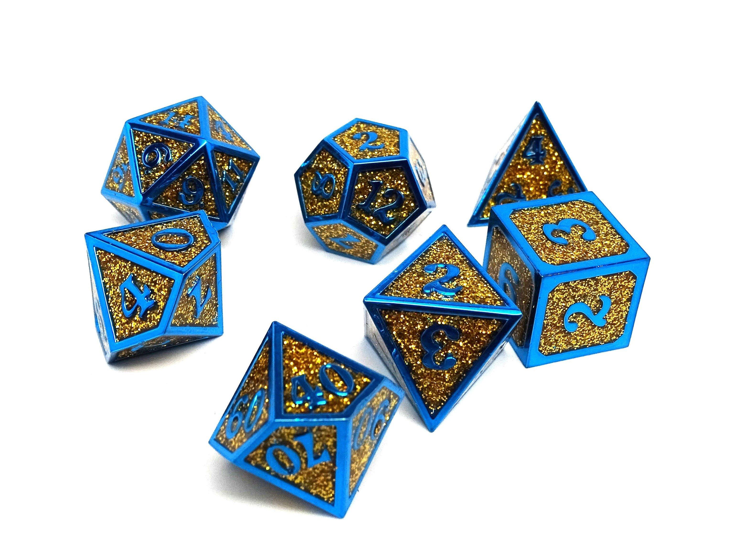 Heroic Dice of Metallic Luster - Gold with Blue Font - Bards & Cards