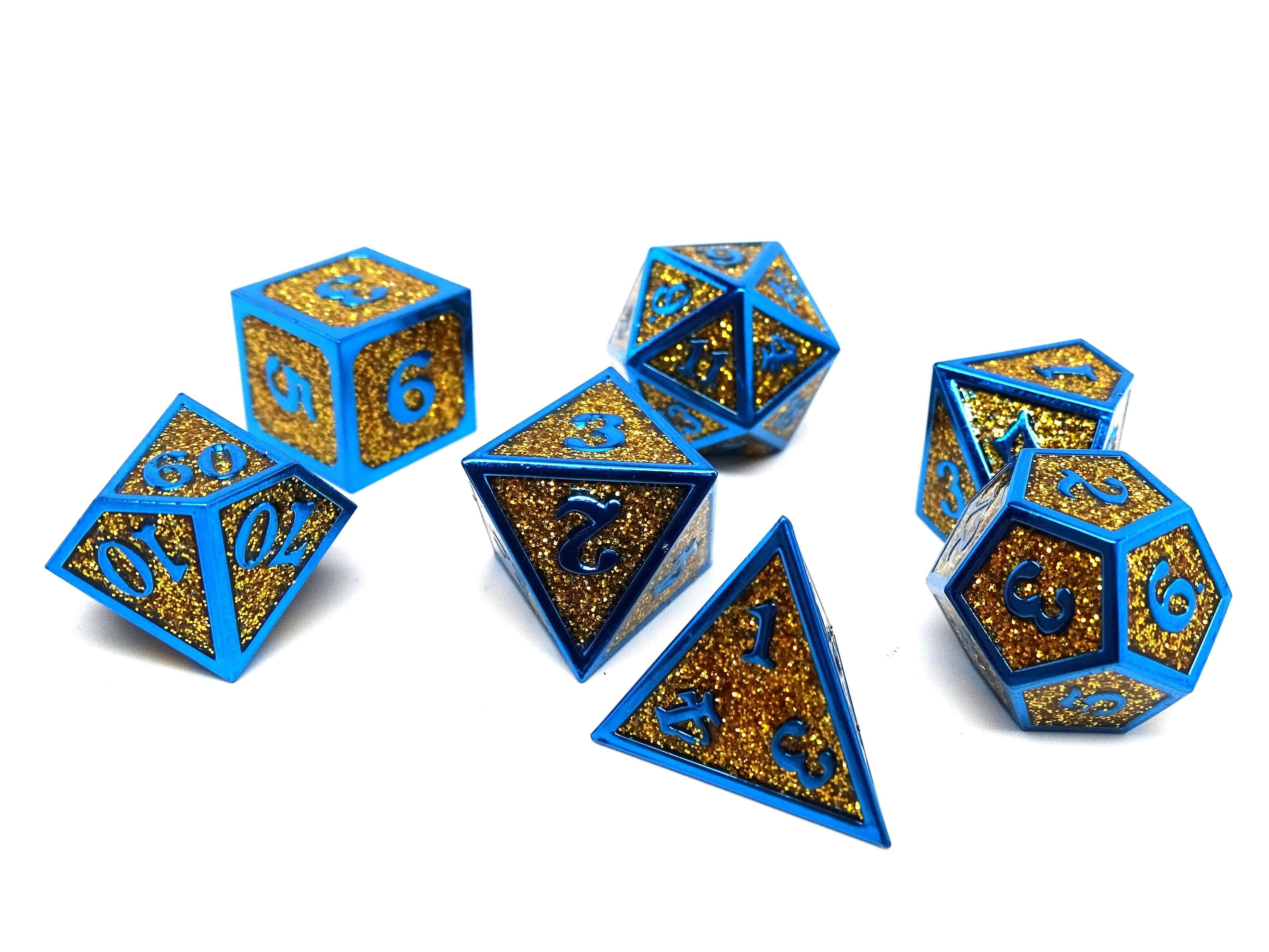 Heroic Dice of Metallic Luster - Gold with Blue Font - Bards & Cards