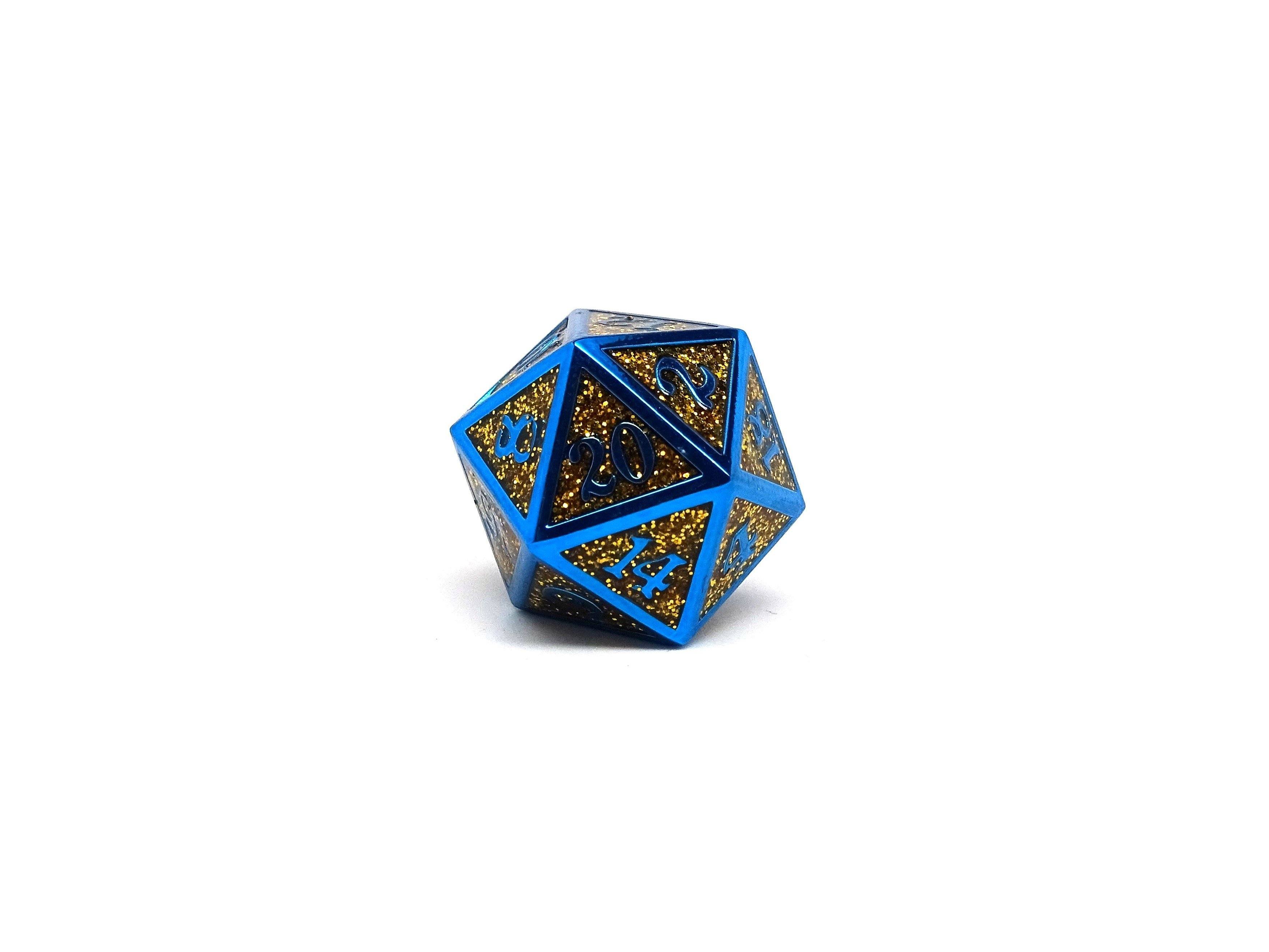 Heroic Dice of Metallic Luster - Single D20 Dice - Gold with Blue Font - Bards & Cards