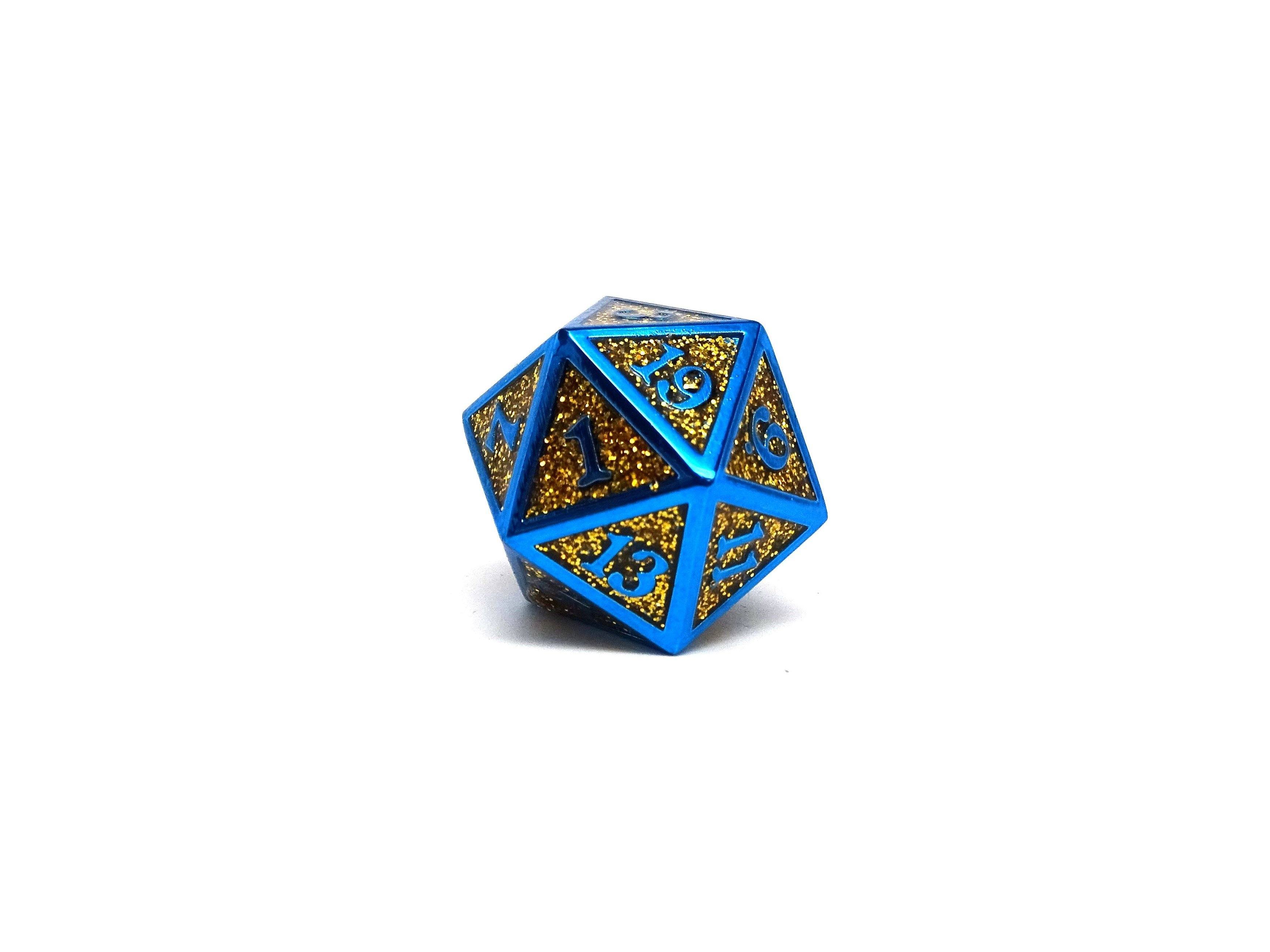 Heroic Dice of Metallic Luster - Single D20 Dice - Gold with Blue Font - Bards & Cards