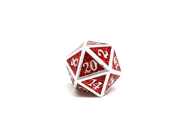 Heroic Dice of Metallic Luster - Single D20 Dice - Red with Silver Font - Bards & Cards