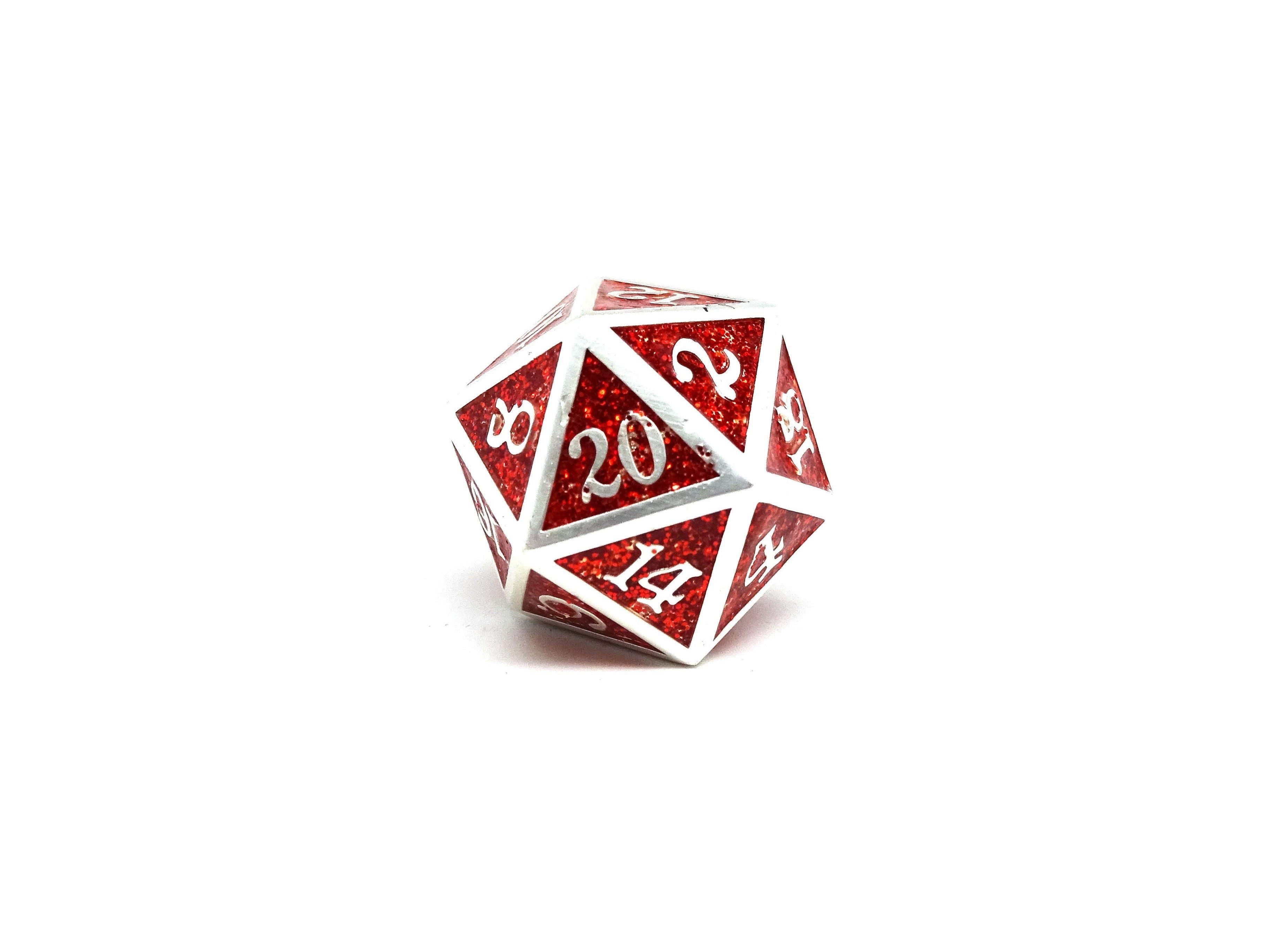 Heroic Dice of Metallic Luster - Single D20 Dice - Red with Silver Font - Bards & Cards