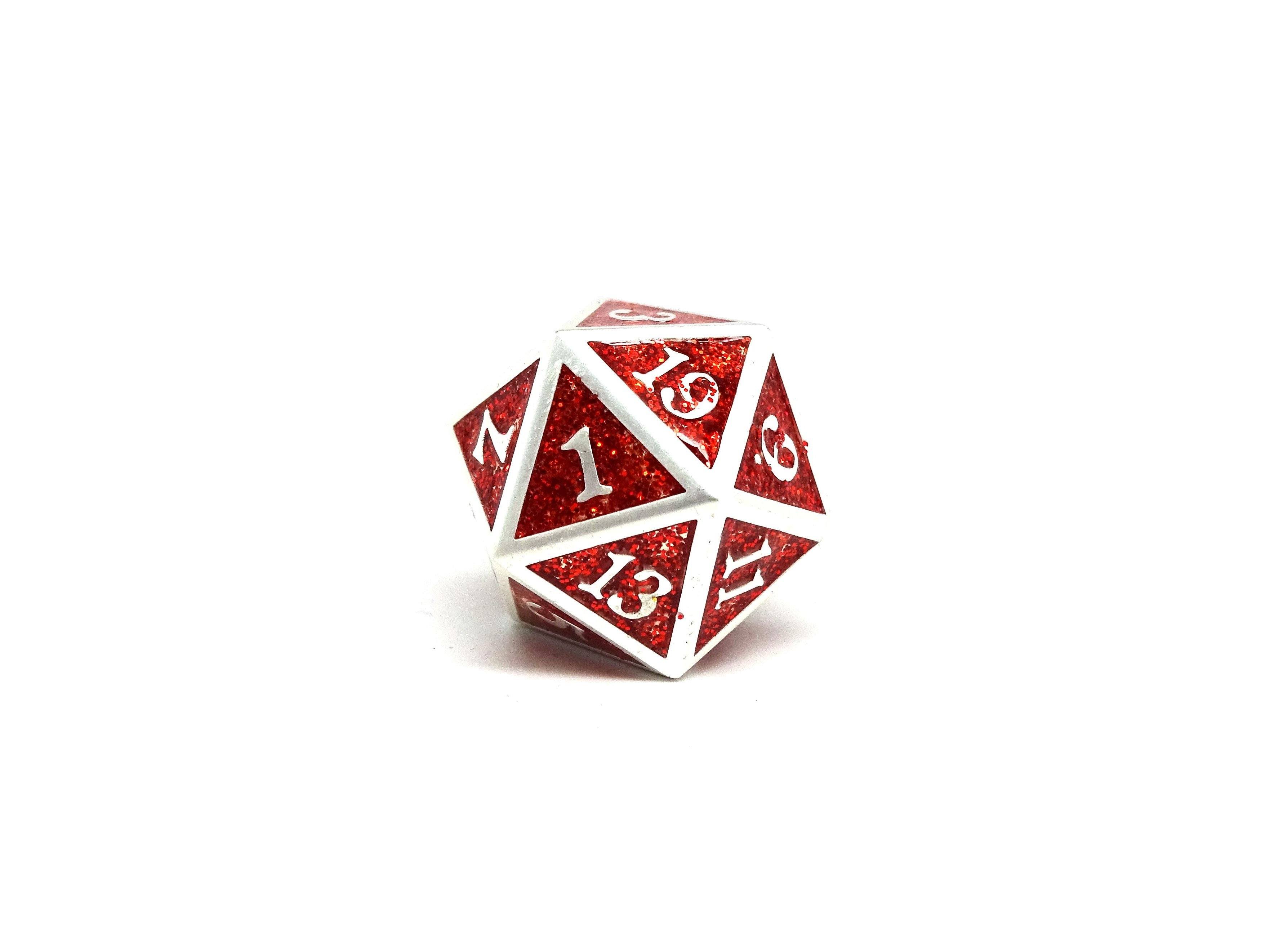 Heroic Dice of Metallic Luster - Single D20 Dice - Red with Silver Font - Bards & Cards