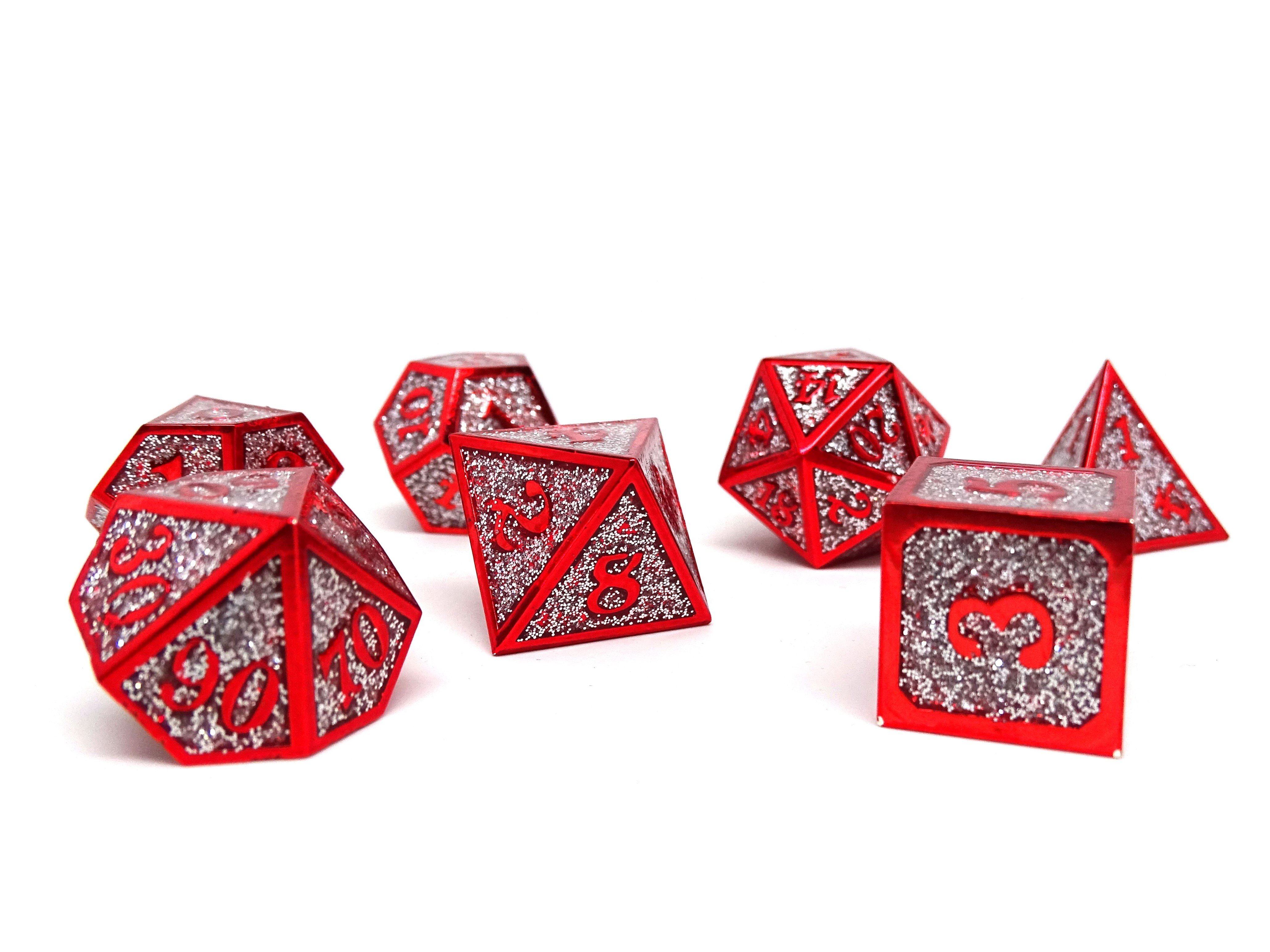 Heroic Dice of Metallic Luster -  Silver with Red Font - Bards & Cards