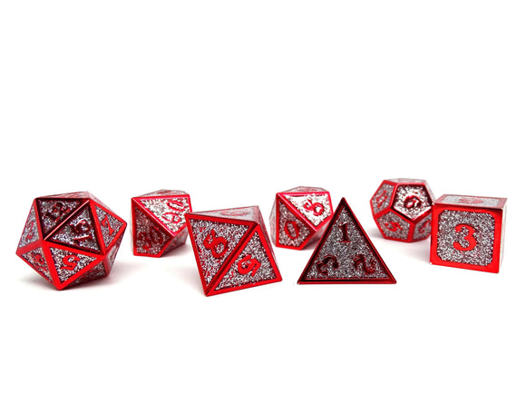 Heroic Dice of Metallic Luster -  Silver with Red Font - Bards & Cards