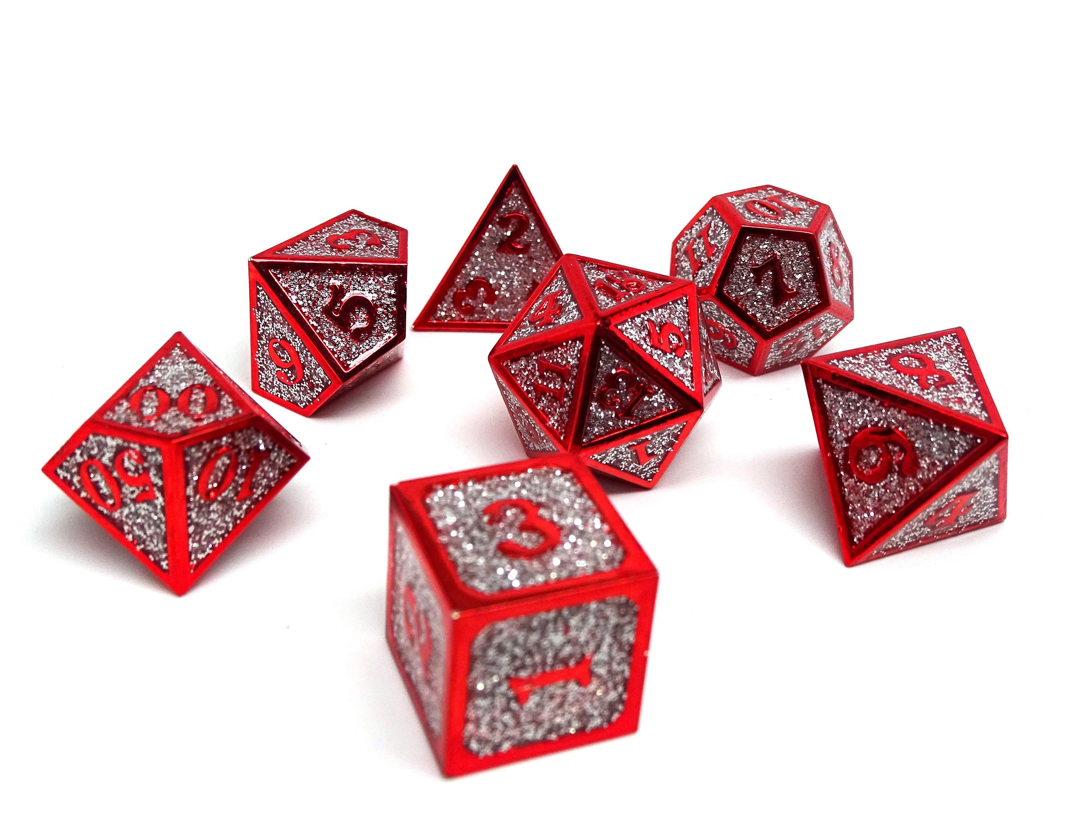 Heroic Dice of Metallic Luster -  Silver with Red Font - Bards & Cards