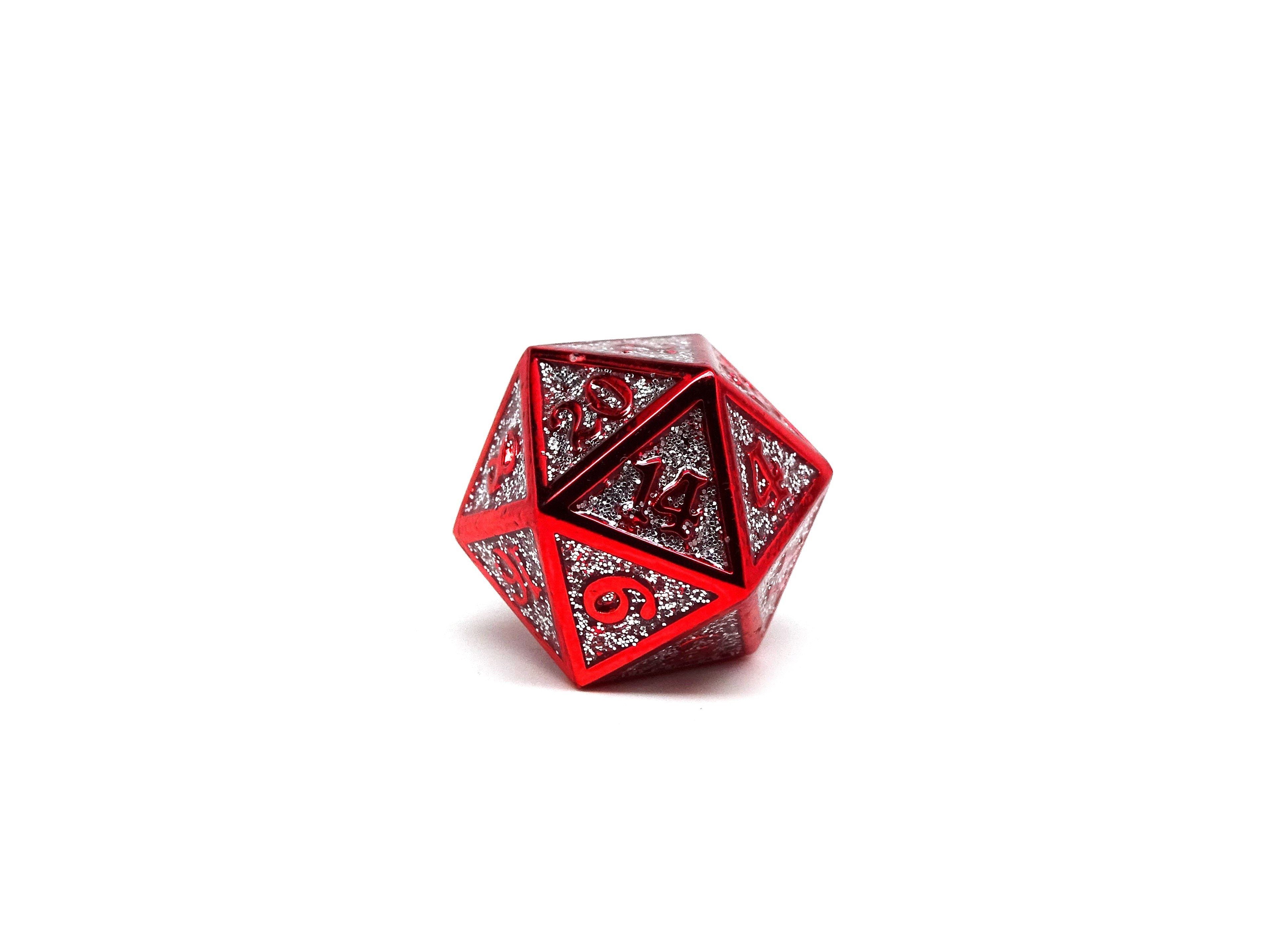 Heroic Dice of Metallic Luster - Single D20 Dice - Silver with Red Font - Bards & Cards