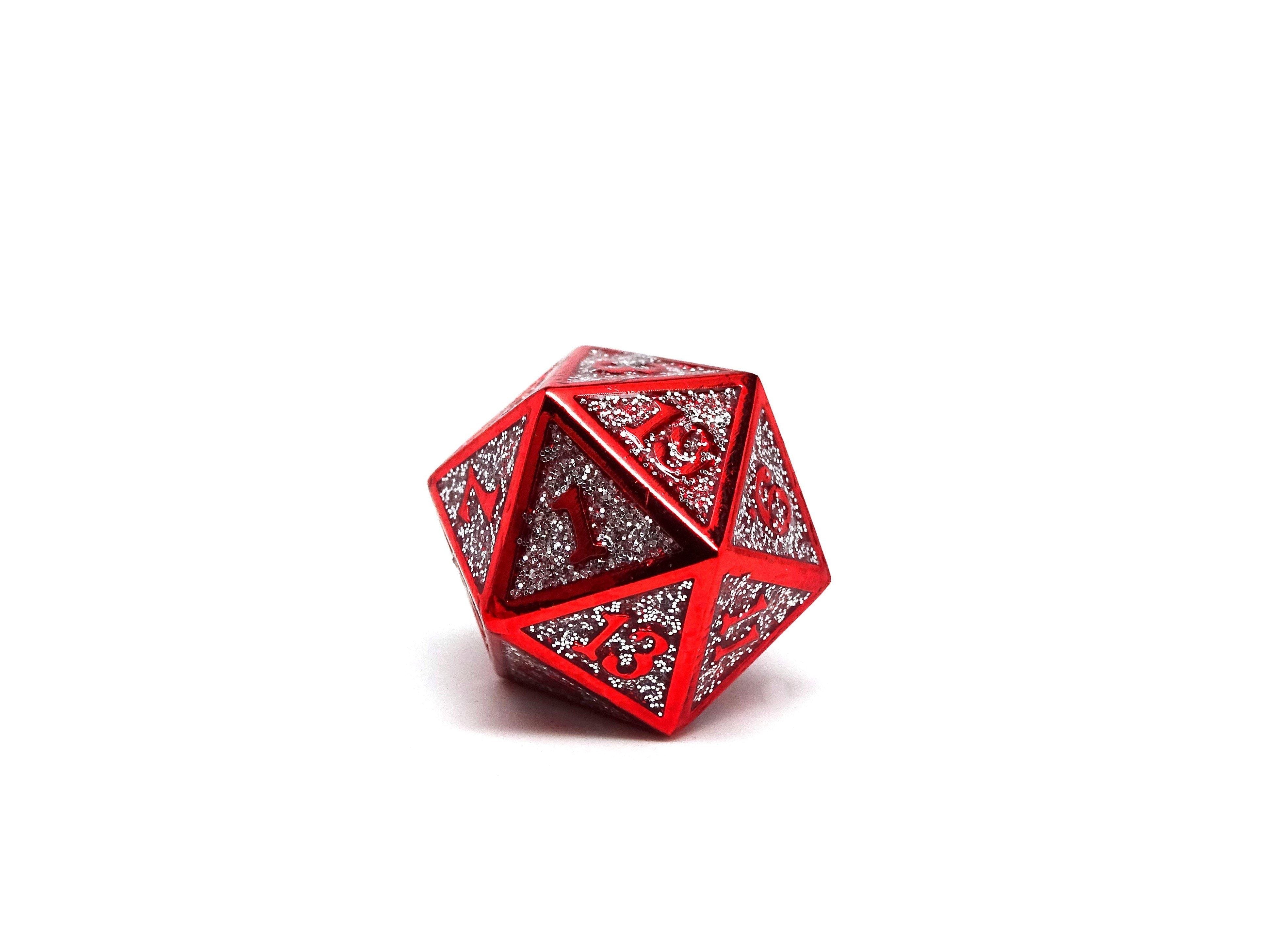 Heroic Dice of Metallic Luster - Single D20 Dice - Silver with Red Font - Bards & Cards