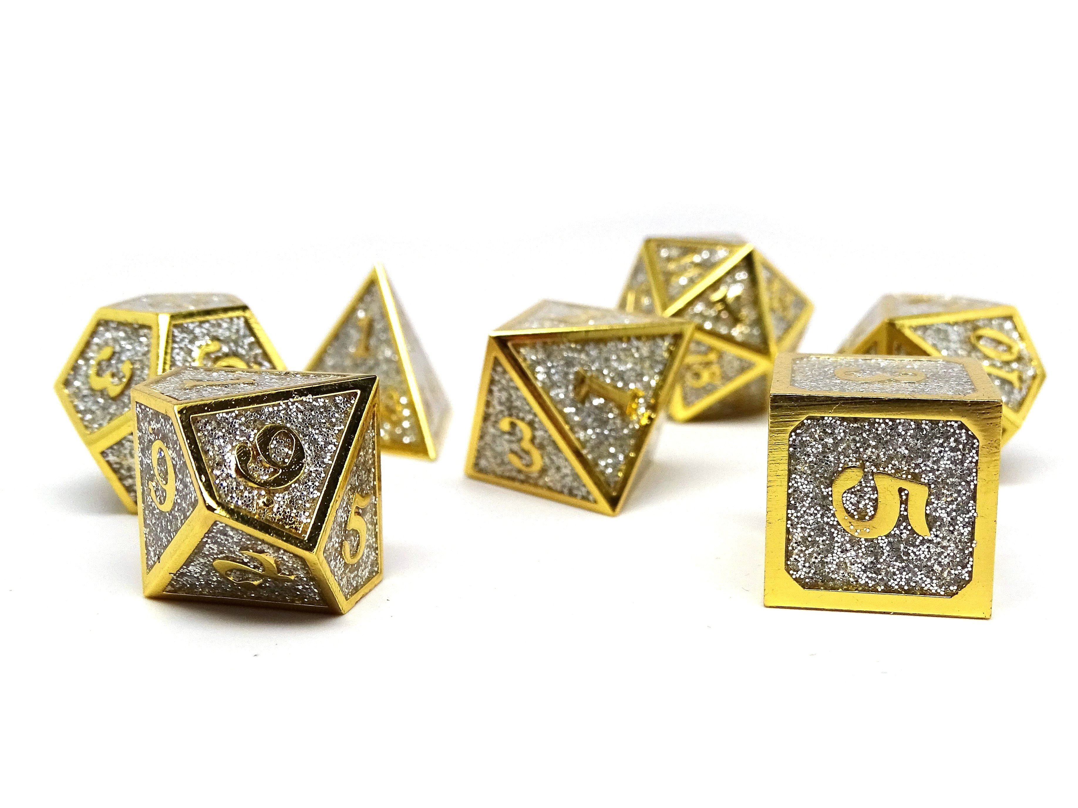 Heroic Dice of Metallic Luster - Silver with Gold Font - Bards & Cards