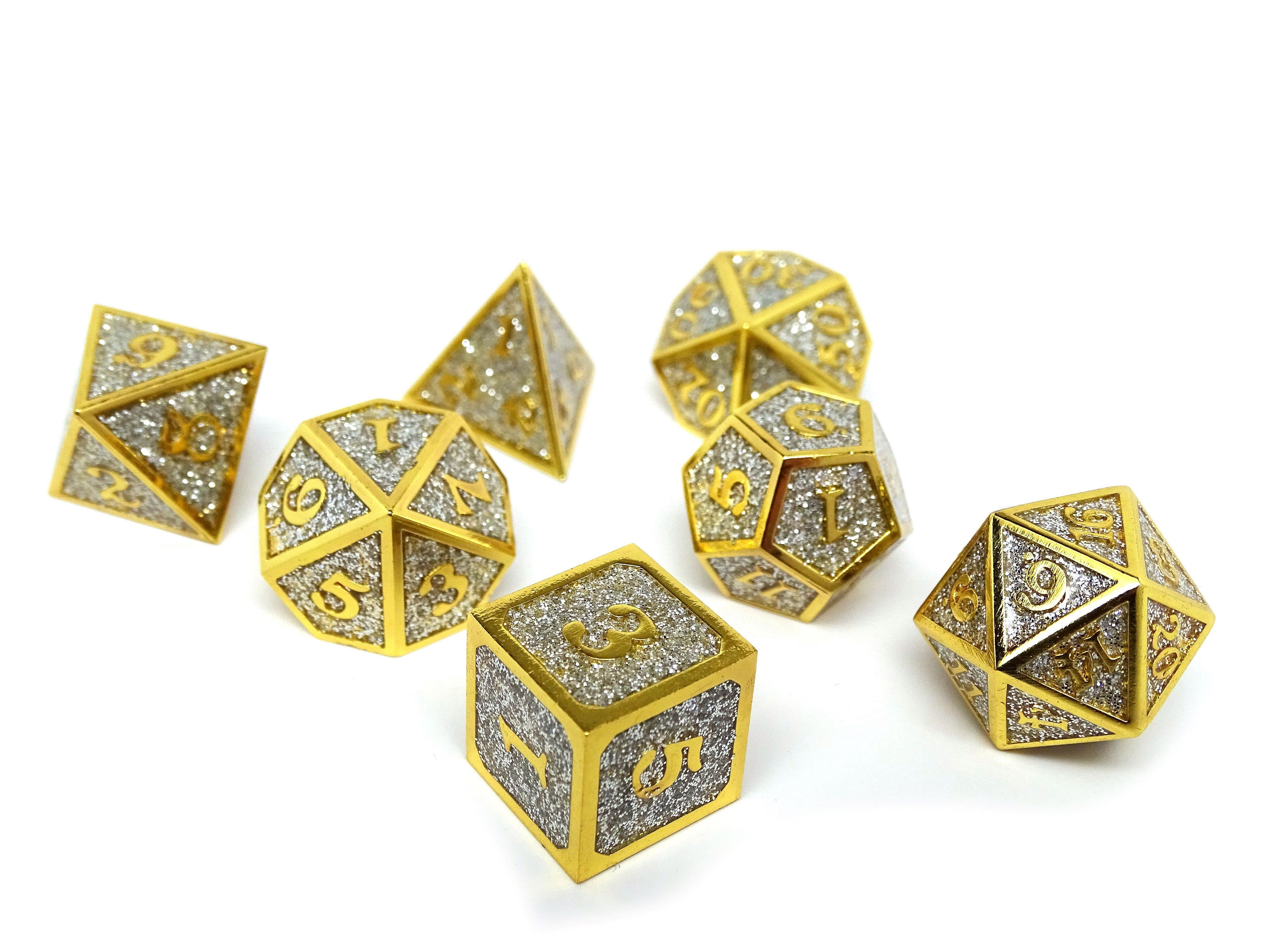 Heroic Dice of Metallic Luster - Silver with Gold Font - Bards & Cards