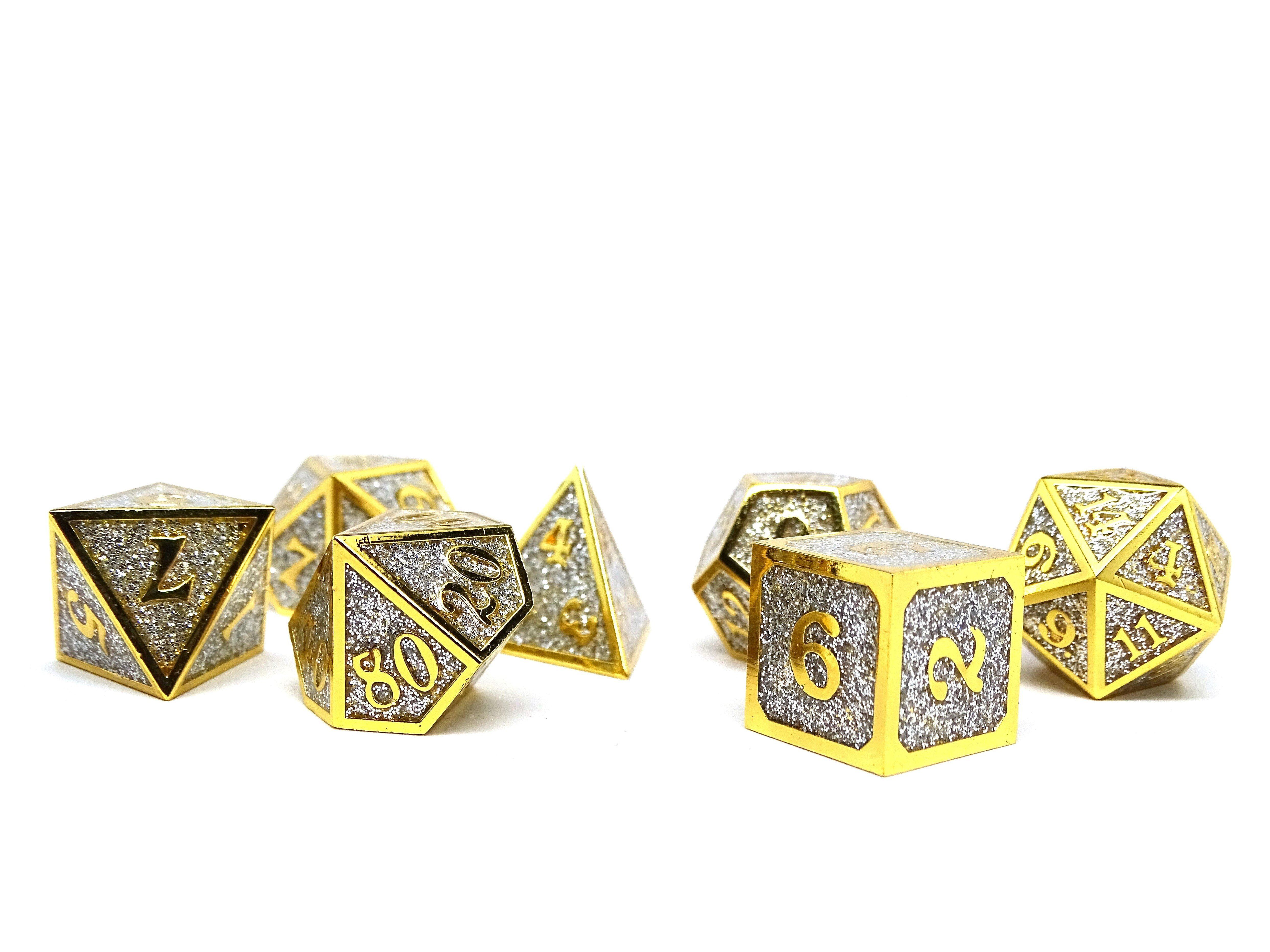 Heroic Dice of Metallic Luster - Silver with Gold Font - Bards & Cards