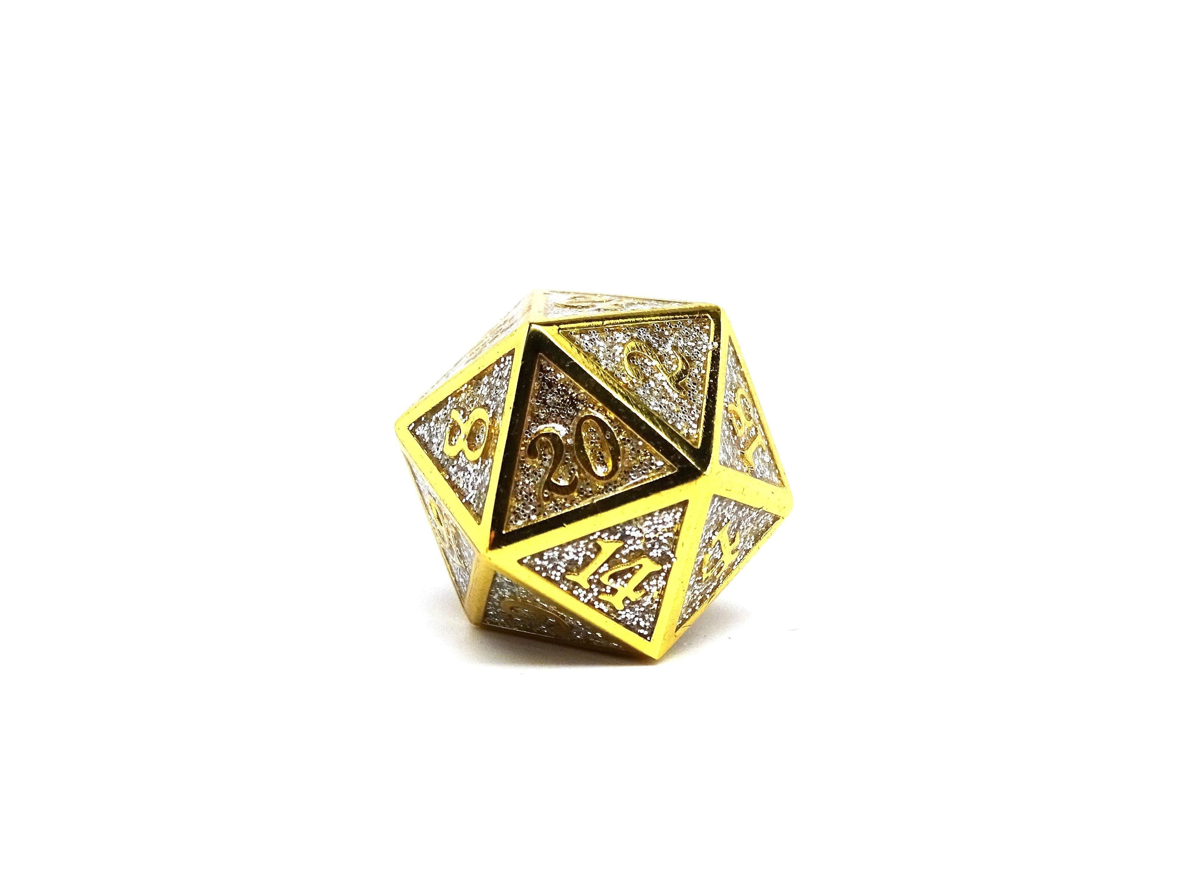 Heroic Dice of Metallic Luster - Single D20 Dice - Silver with Gold Font - Bards & Cards