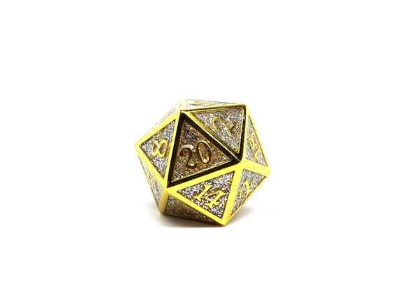 Heroic Dice of Metallic Luster - Single D20 Dice - Silver with Gold Font - Bards & Cards