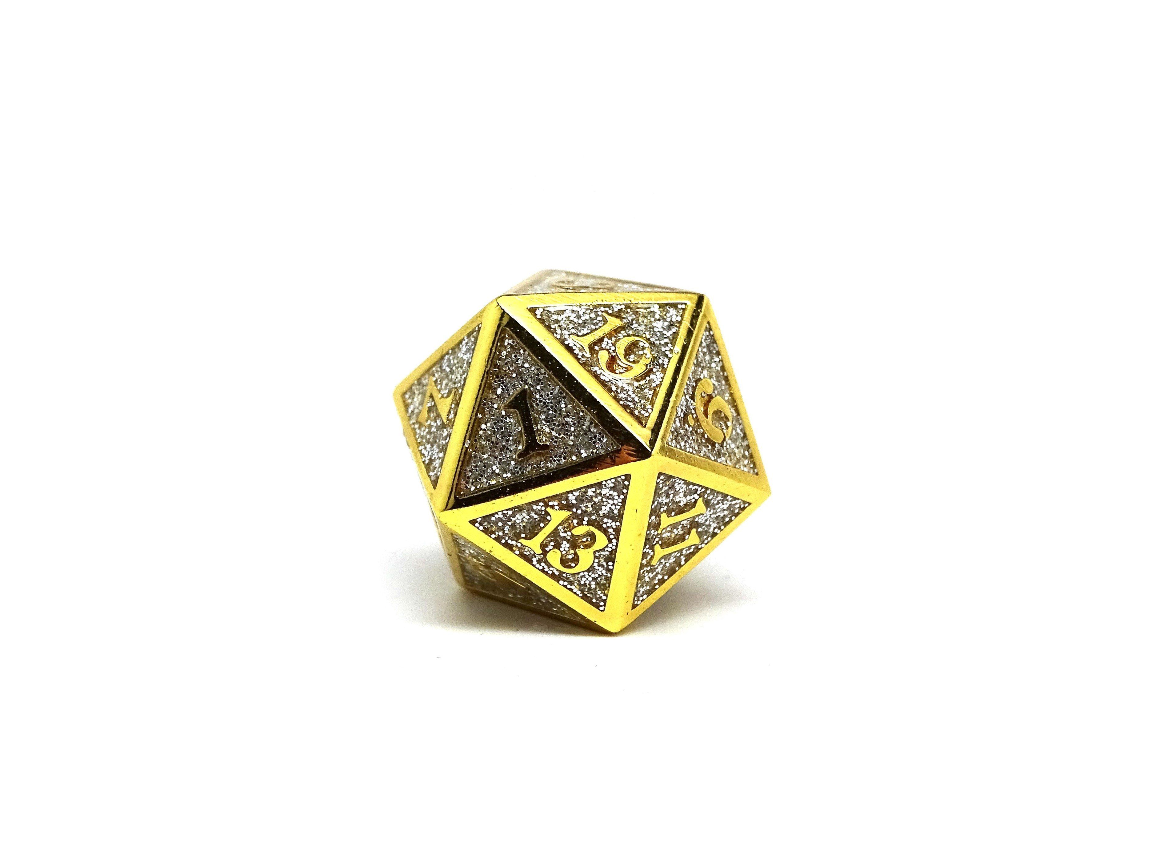 Heroic Dice of Metallic Luster - Single D20 Dice - Silver with Gold Font - Bards & Cards