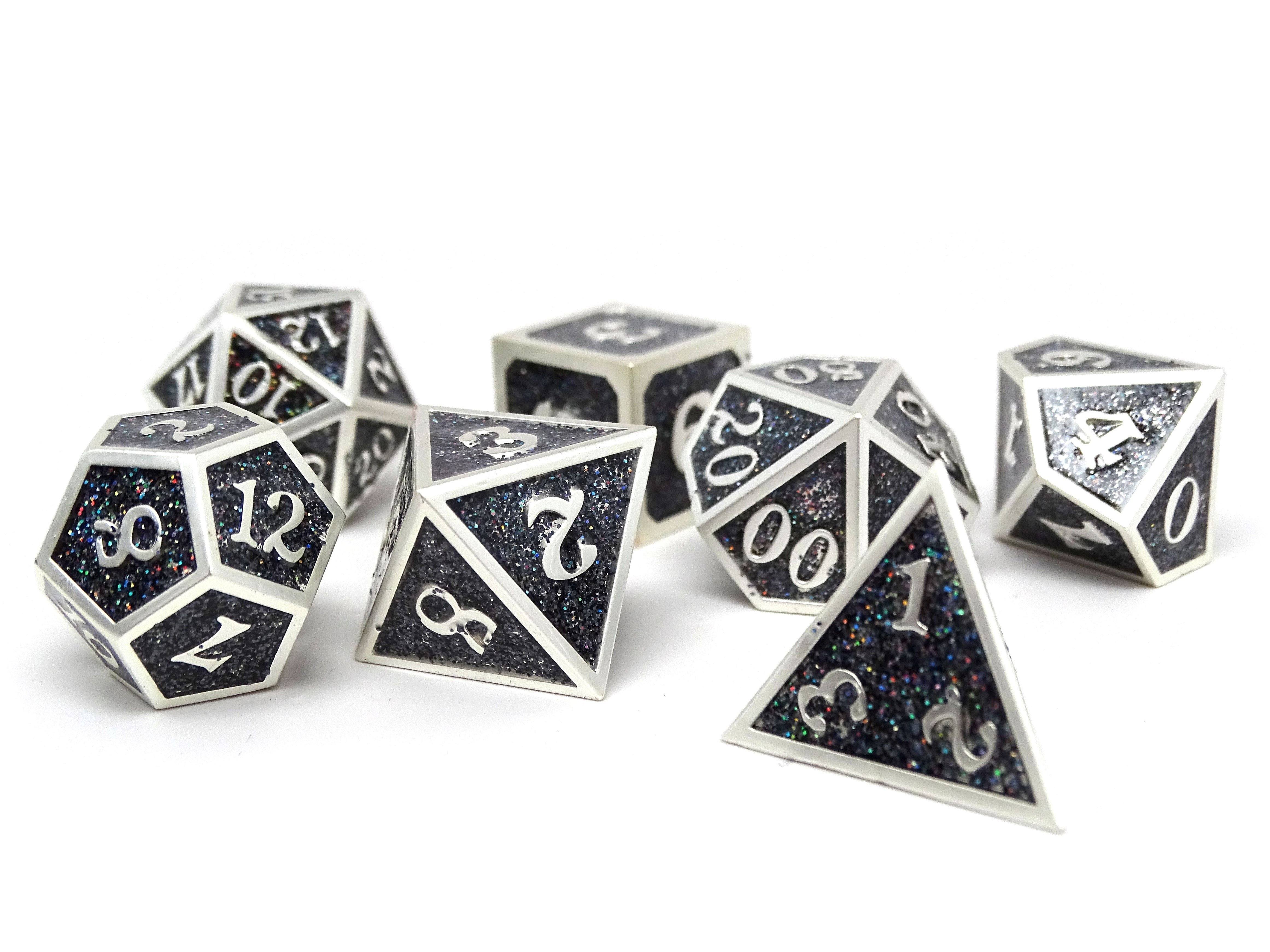 Heroic Dice of Metallic Luster -  Black with Silver Font - Bards & Cards