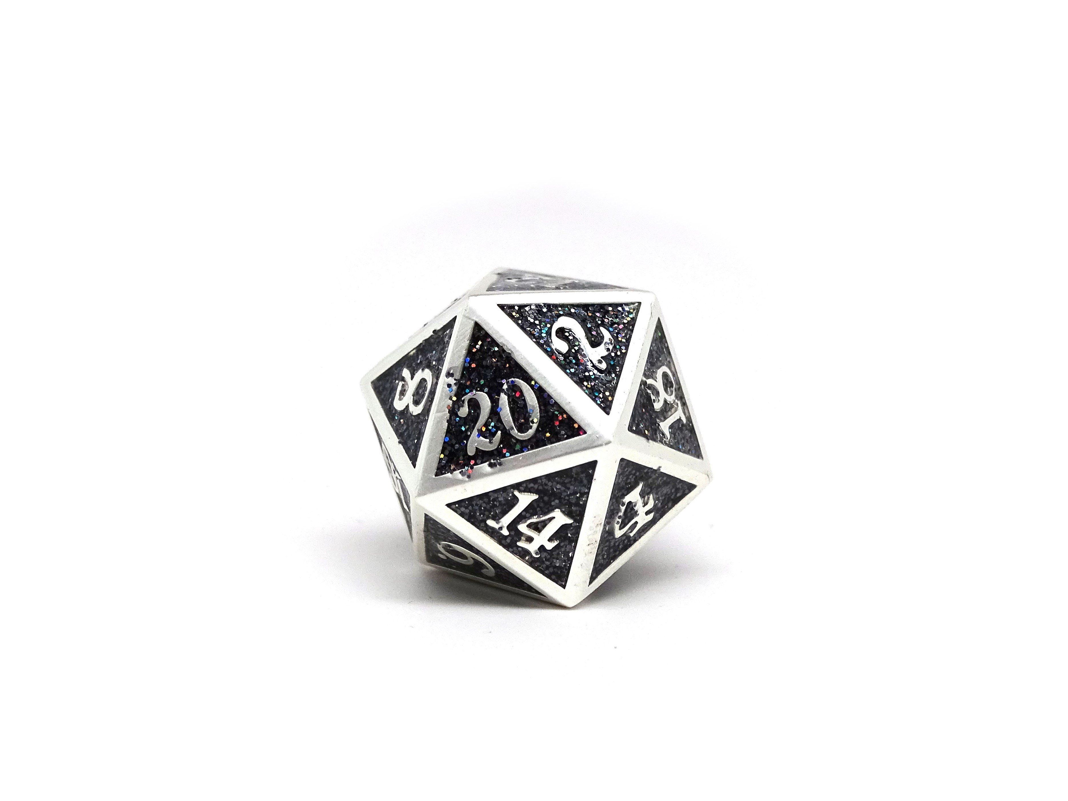 Heroic Dice of Metallic Luster - Single D20 Dice - Black with Silver Font - Bards & Cards