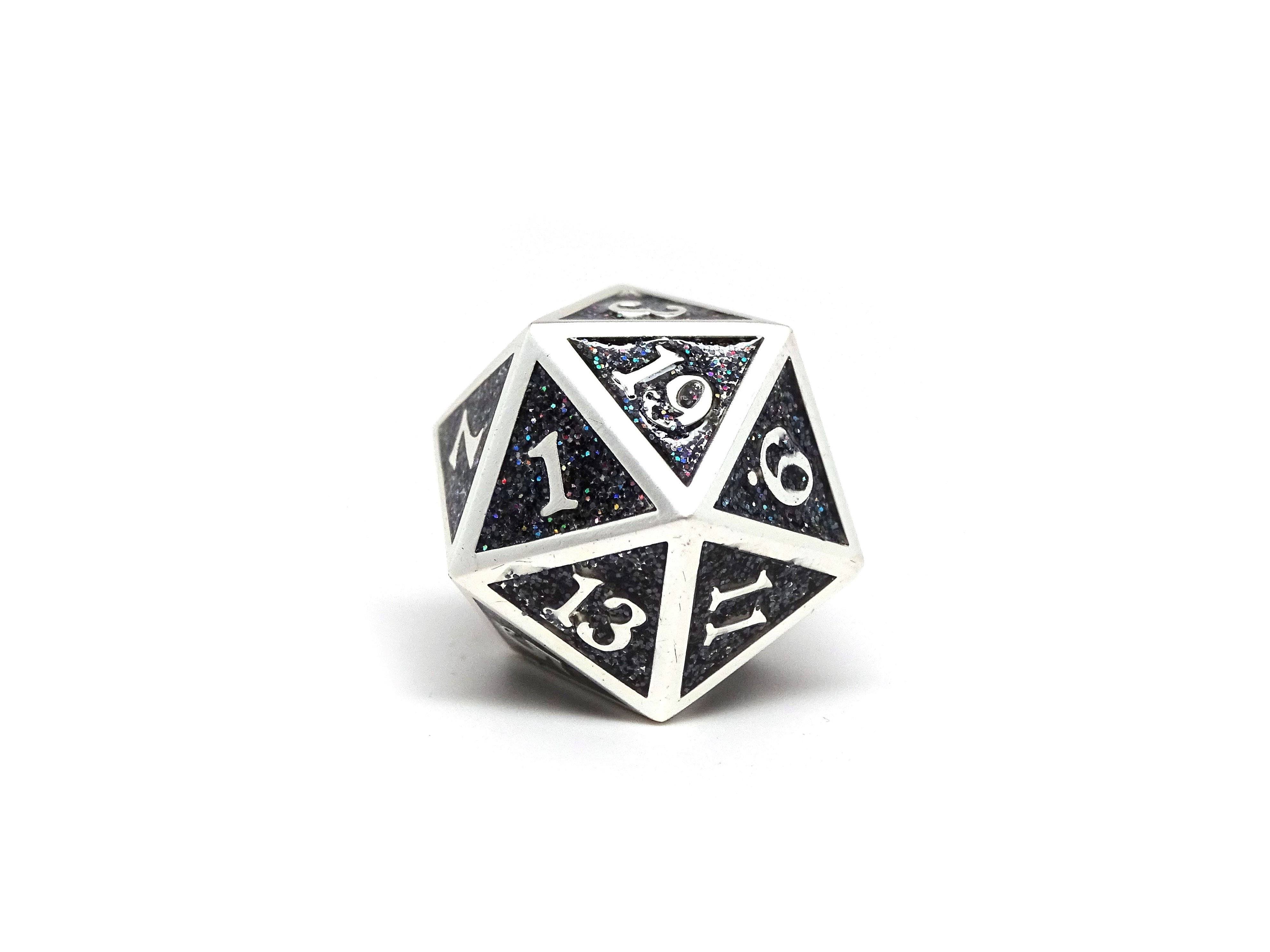 Heroic Dice of Metallic Luster - Single D20 Dice - Black with Silver Font - Bards & Cards