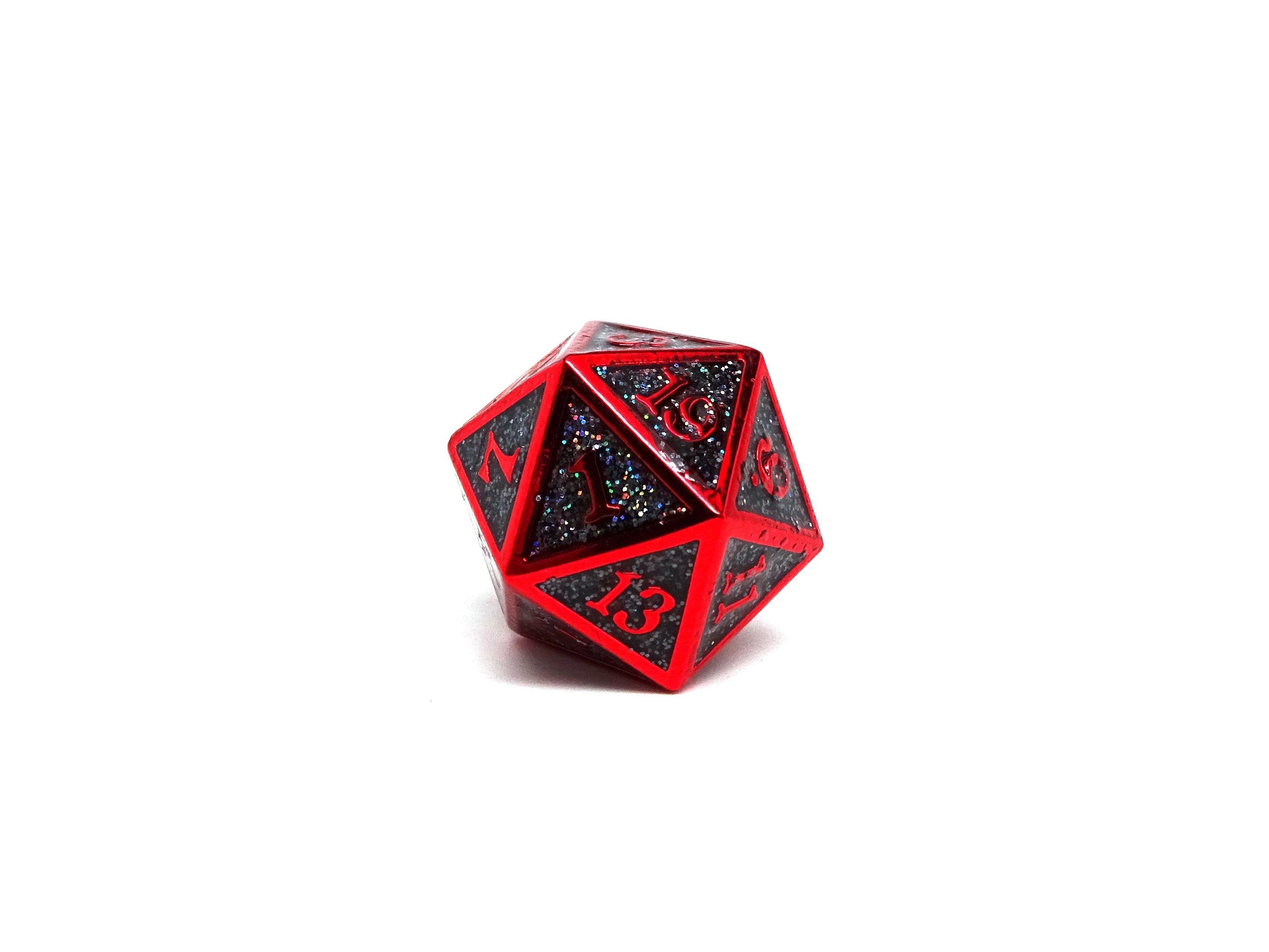 Heroic Dice of Metallic Luster - Single D20 Dice - Black with Red Font - Bards & Cards