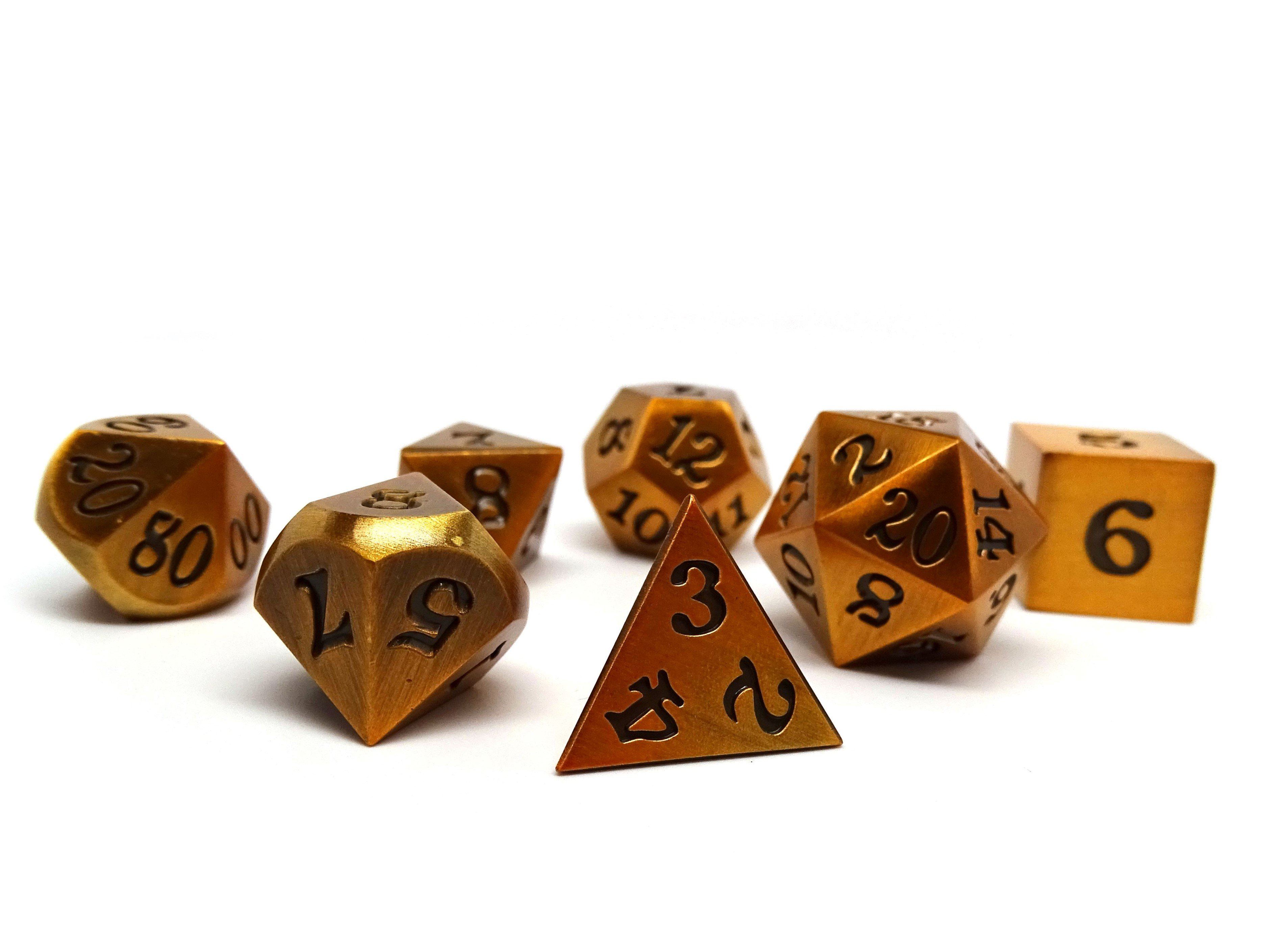 Legendary Gold 7 Piece Metal Dice Set - Black Signature Font - Bards & Cards