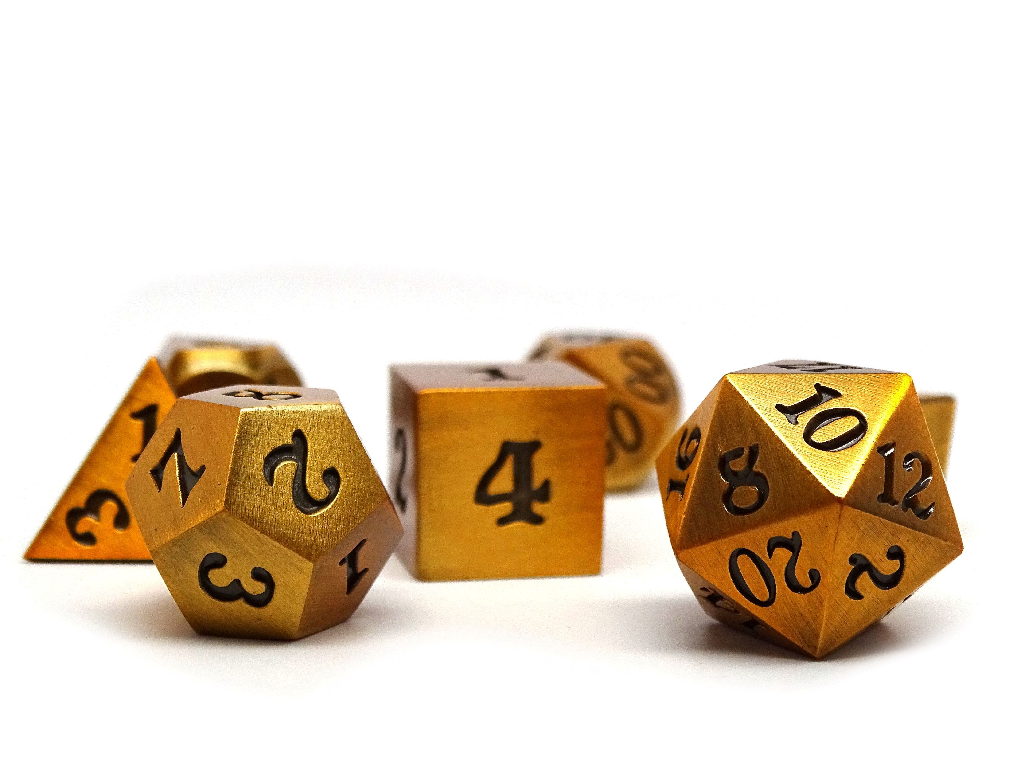 Legendary Gold 7 Piece Metal Dice Set - Black Signature Font - Bards & Cards