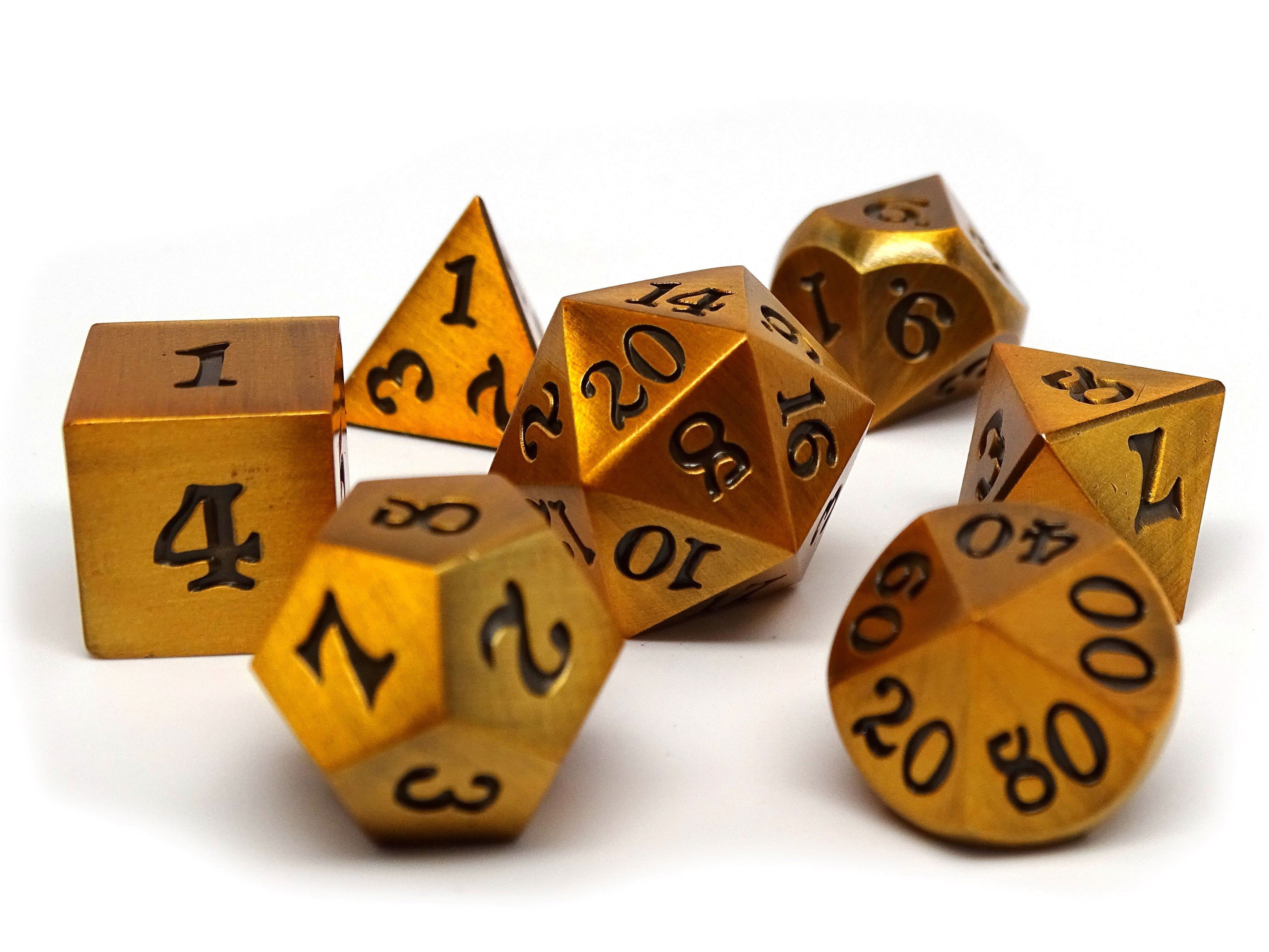 Legendary Gold 7 Piece Metal Dice Set - Black Signature Font - Bards & Cards