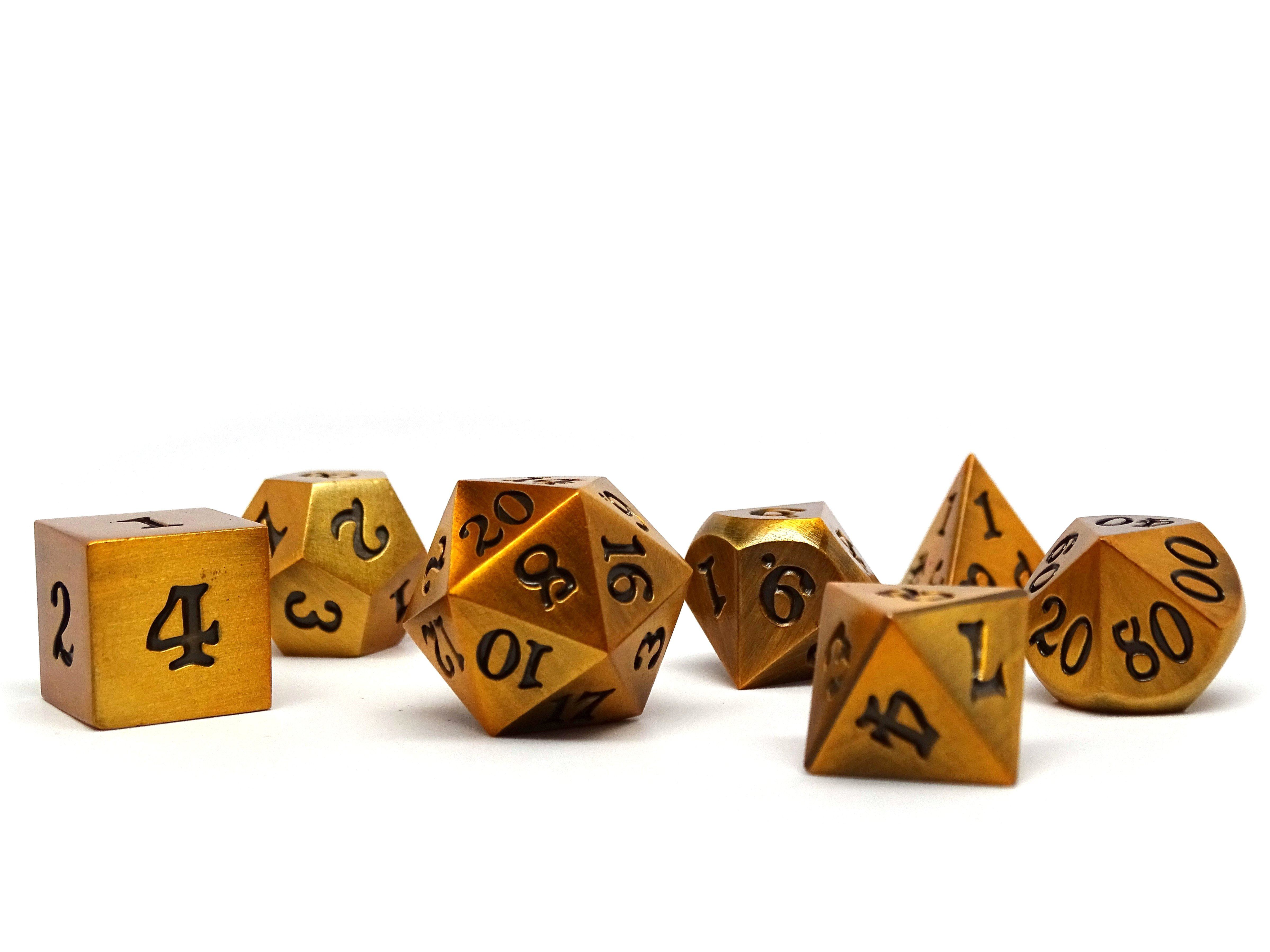 Legendary Gold 7 Piece Metal Dice Set - Black Signature Font - Bards & Cards