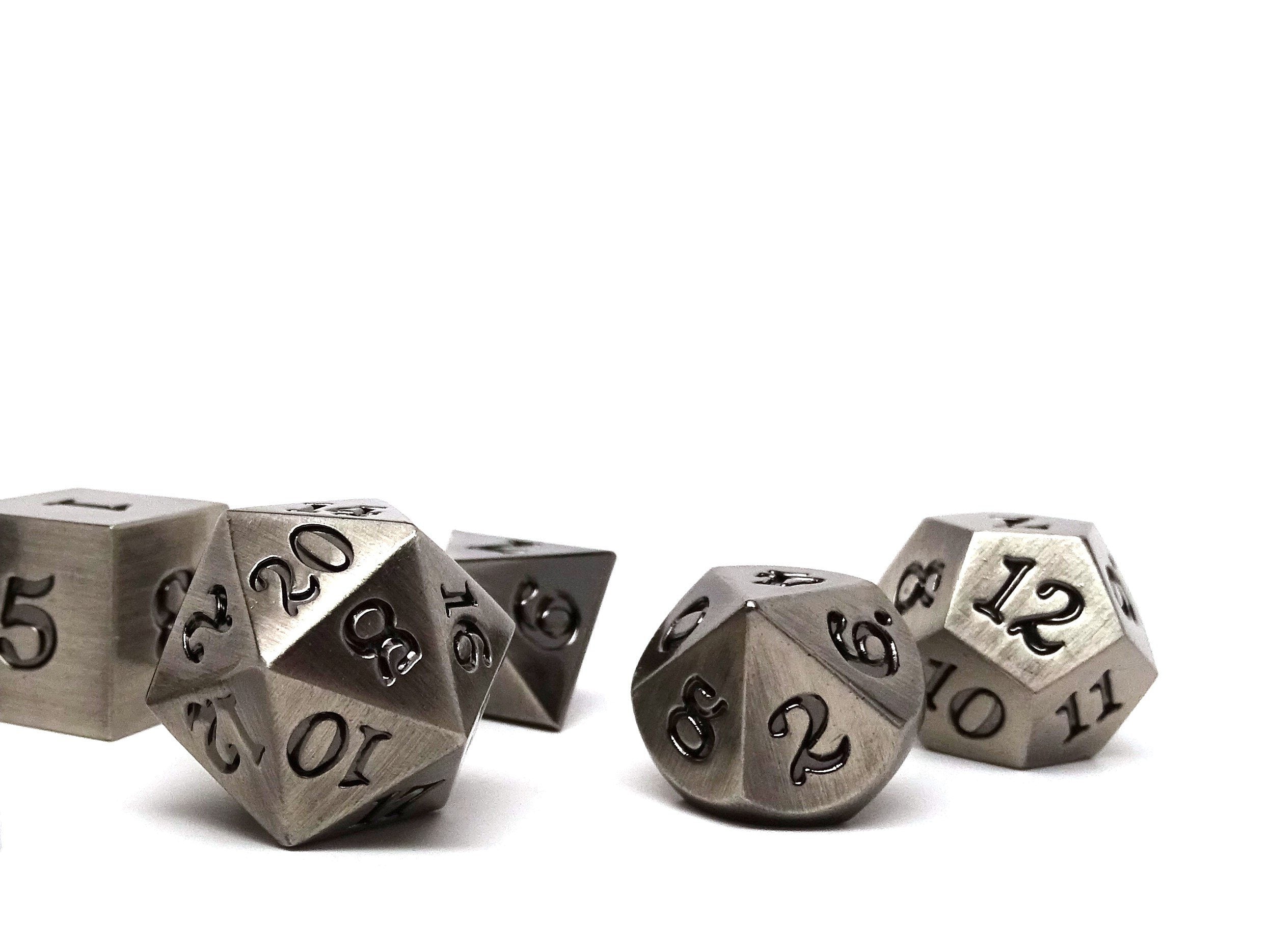 Legendary Silver 7 Piece Metal Dice Set - Black Signature Font - Bards & Cards