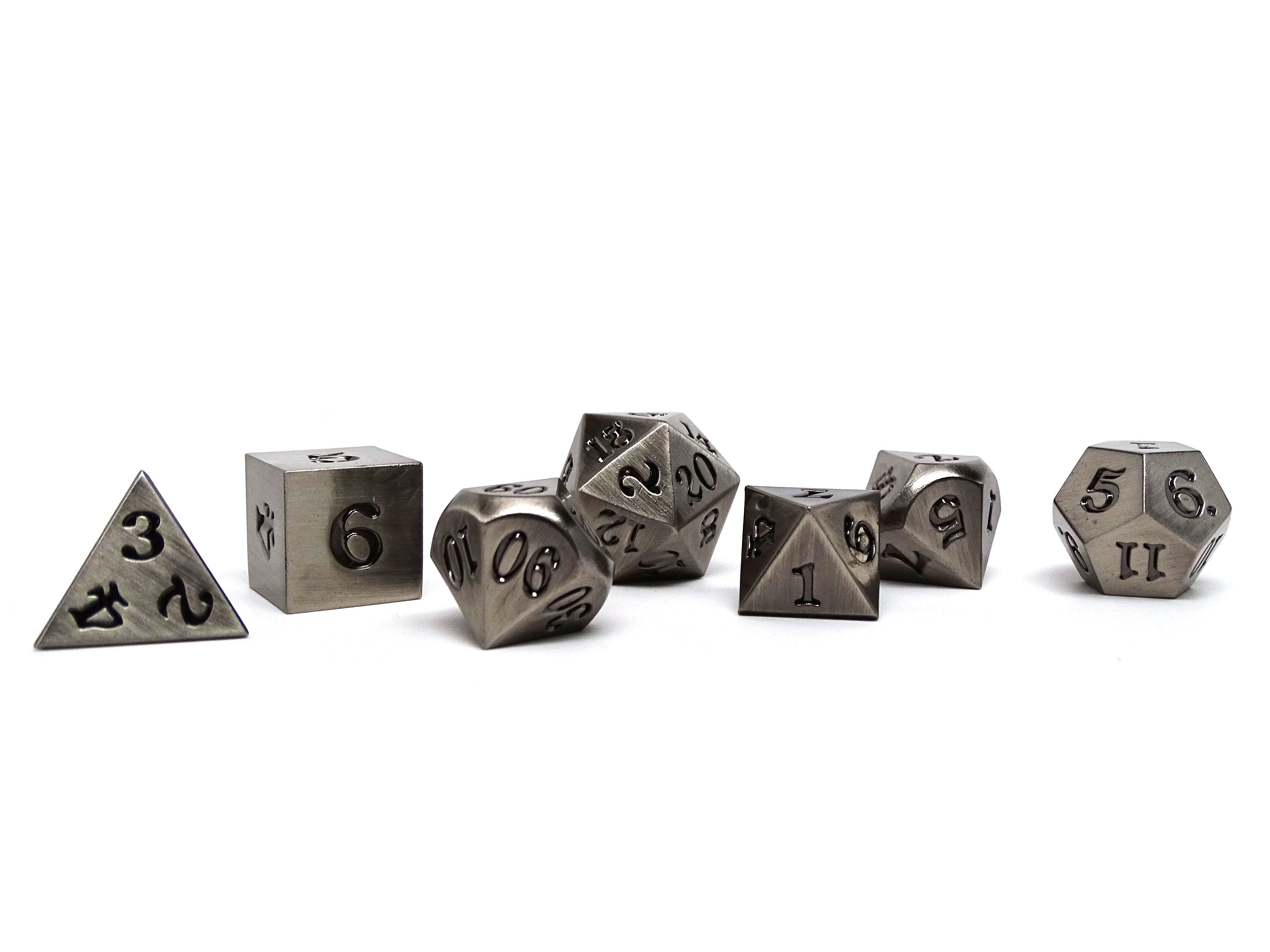 Legendary Silver 7 Piece Metal Dice Set - Black Signature Font - Bards & Cards