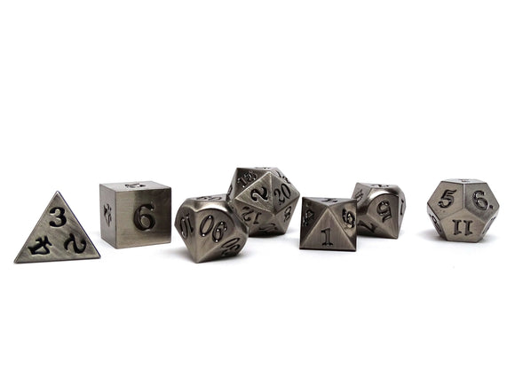 Legendary Silver 7 Piece Metal Dice Set - Black Signature Font - Bards & Cards
