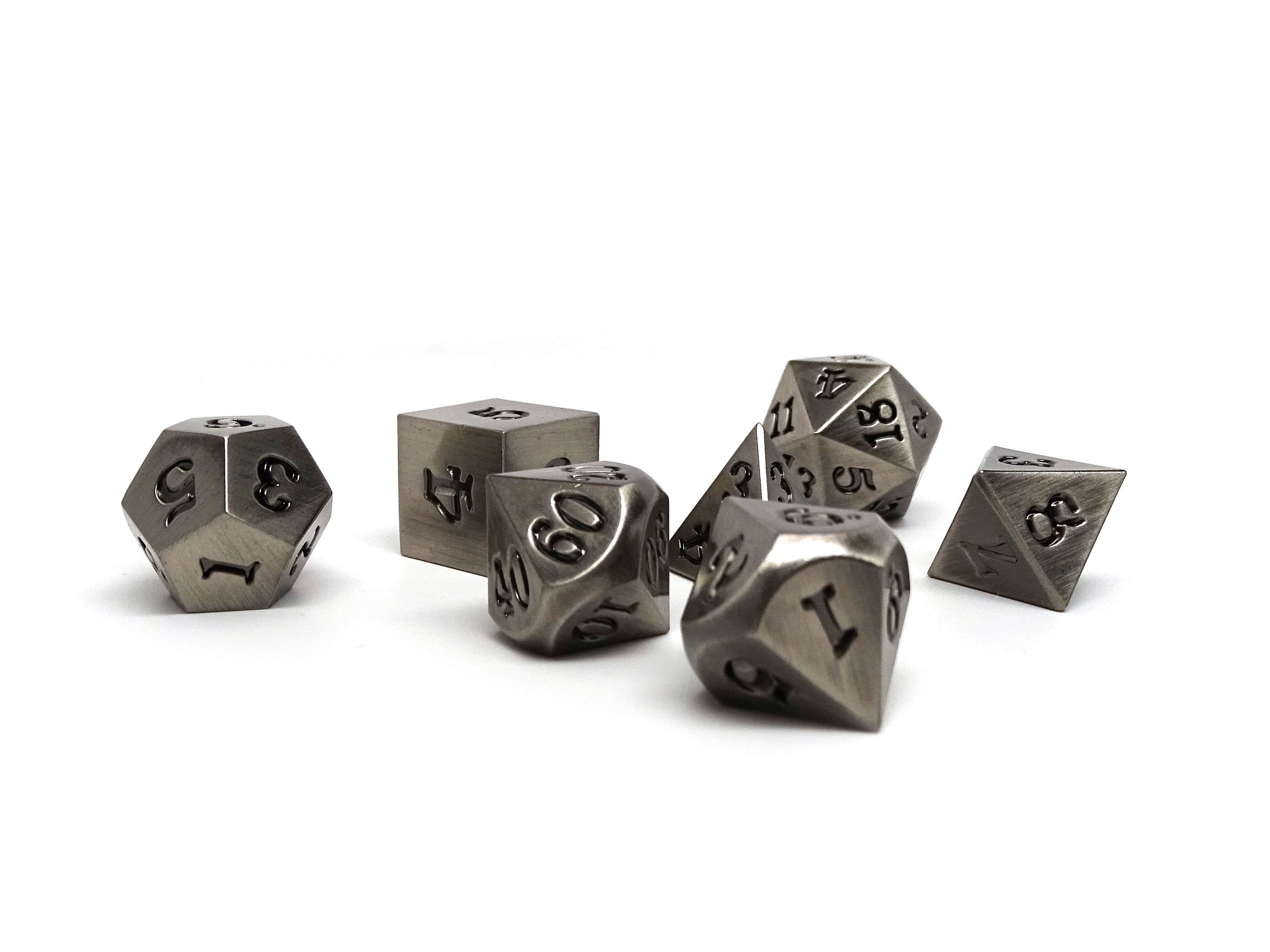 Legendary Silver 7 Piece Metal Dice Set - Black Signature Font - Bards & Cards