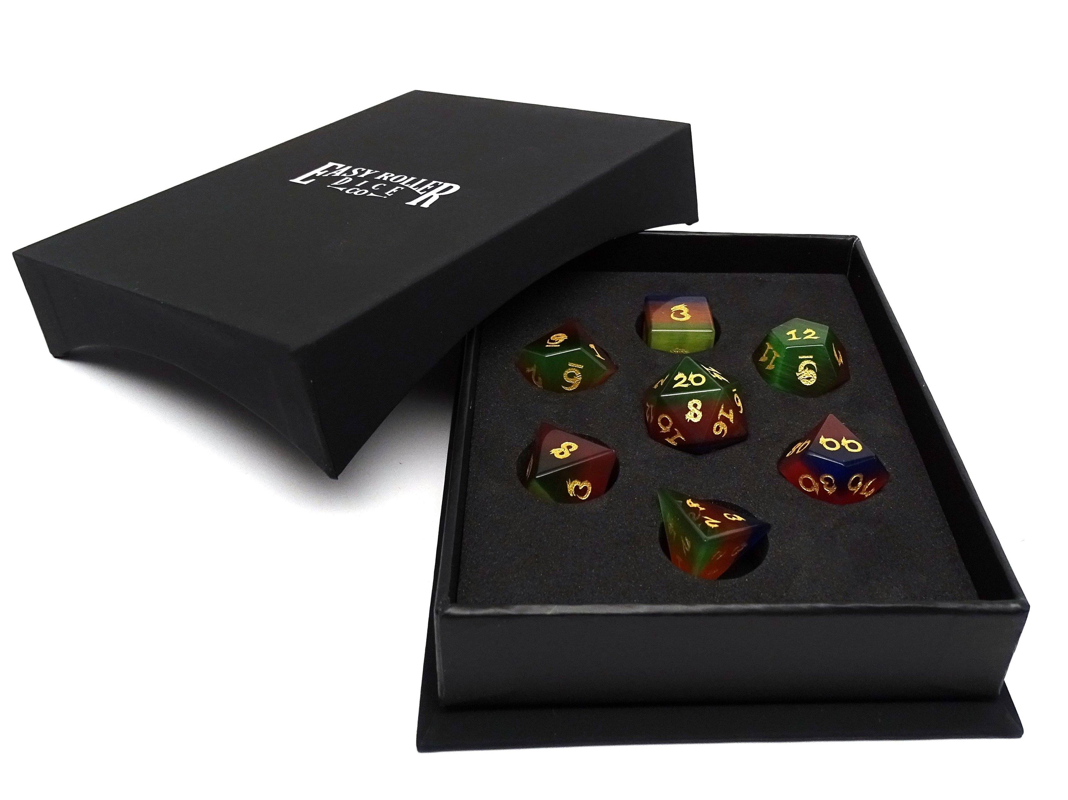 3 Tone Cat's Eye Dice Set With Dragon Font - Bards & Cards