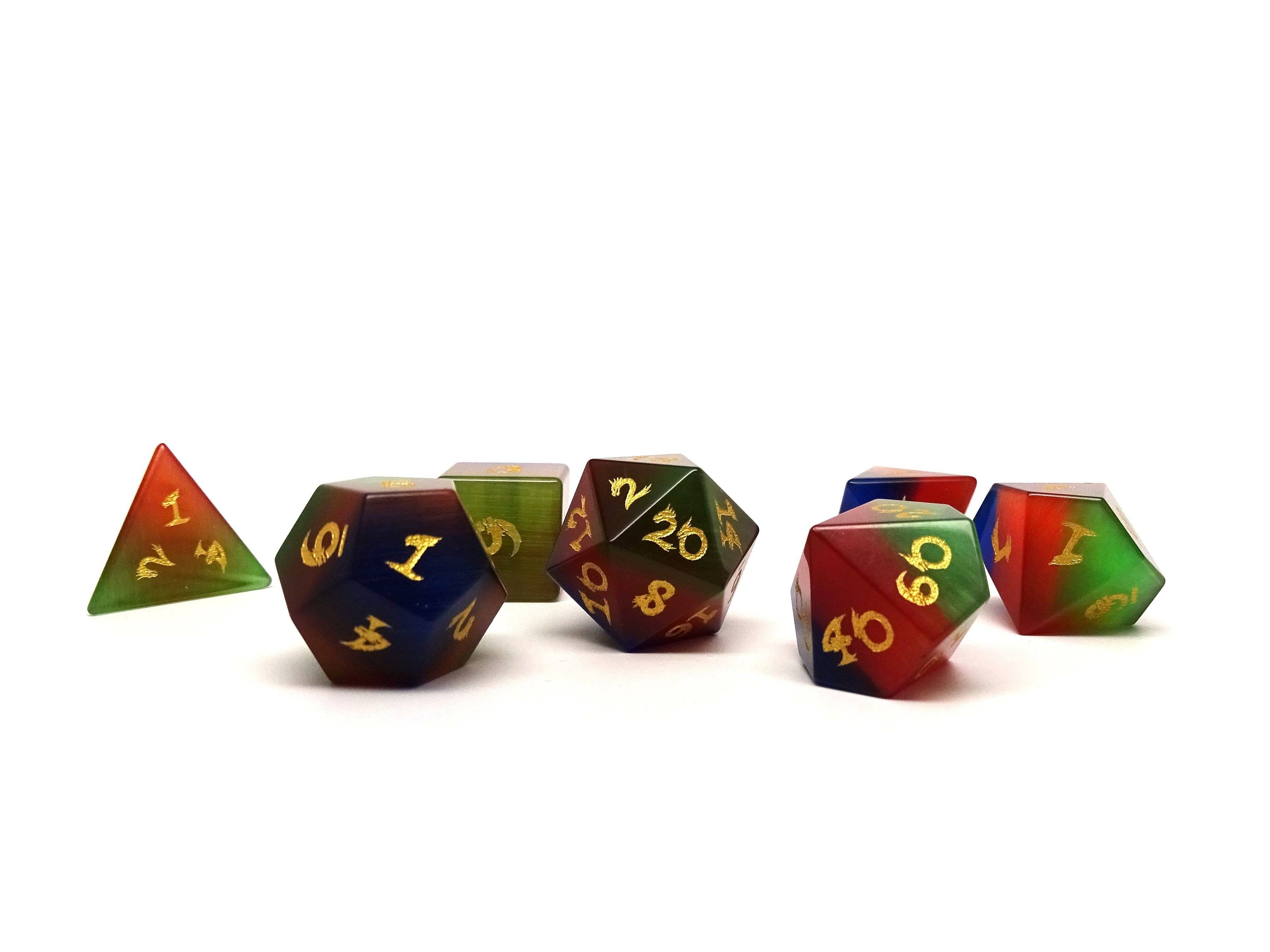 3 Tone Cat's Eye Dice Set With Dragon Font - Bards & Cards