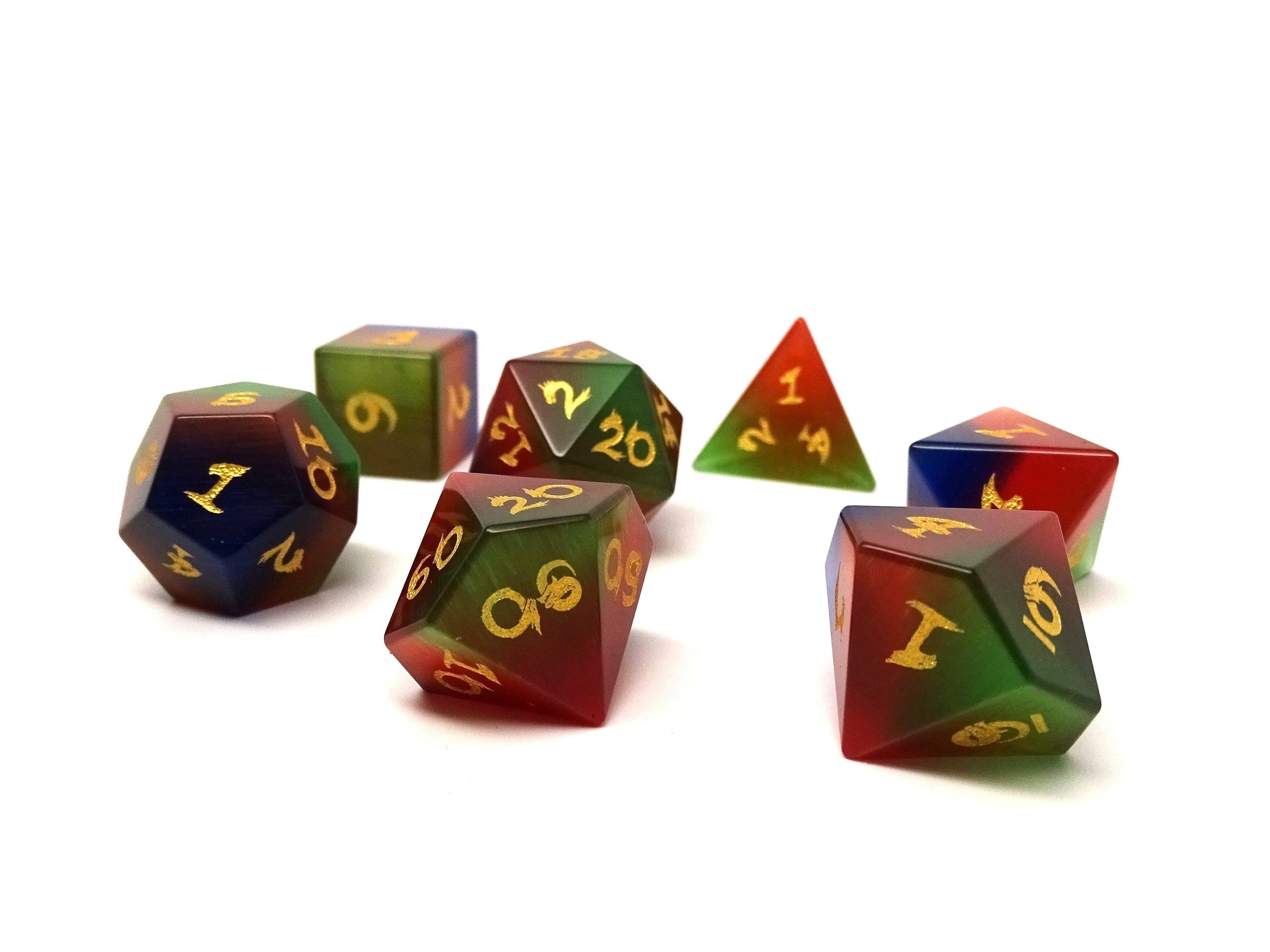 3 Tone Cat's Eye Dice Set With Dragon Font - Bards & Cards