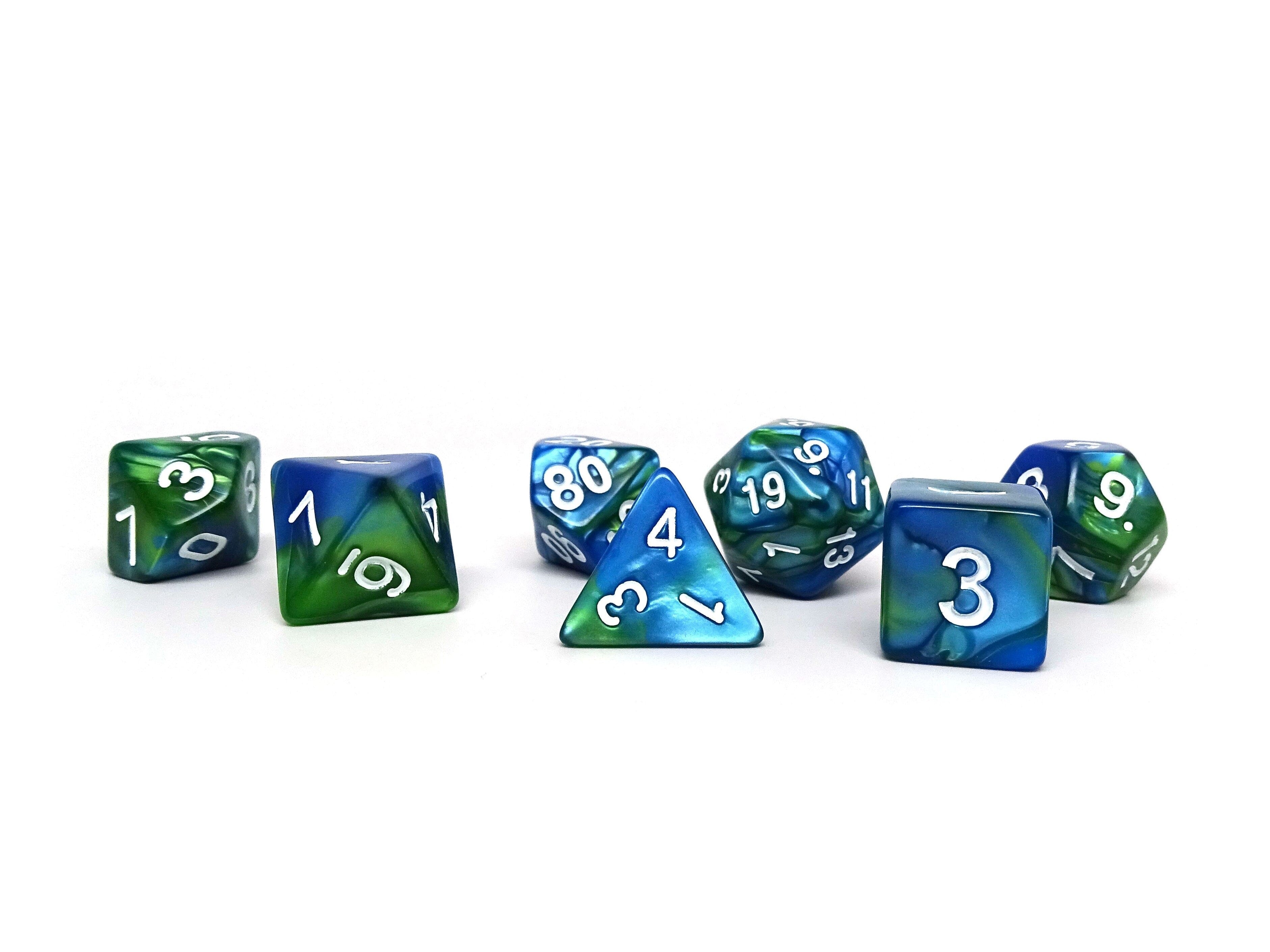 Green and Blue Marble - 7 Piece Dice Collection - Bards & Cards