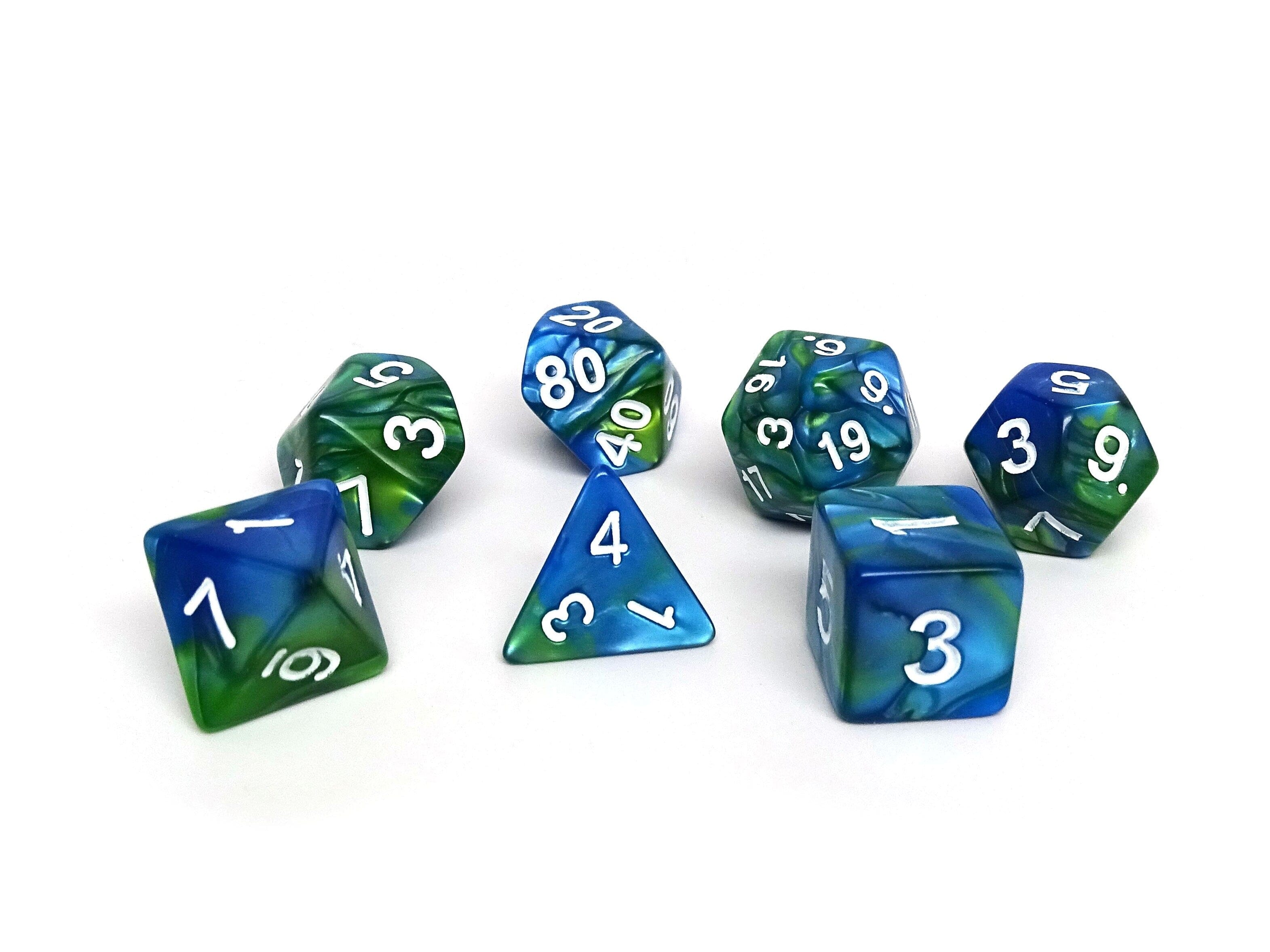 Green and Blue Marble - 7 Piece Dice Collection - Bards & Cards