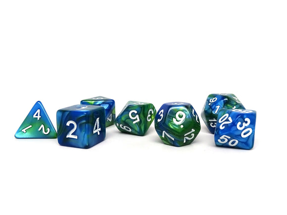 Green and Blue Marble - 7 Piece Dice Collection - Bards & Cards