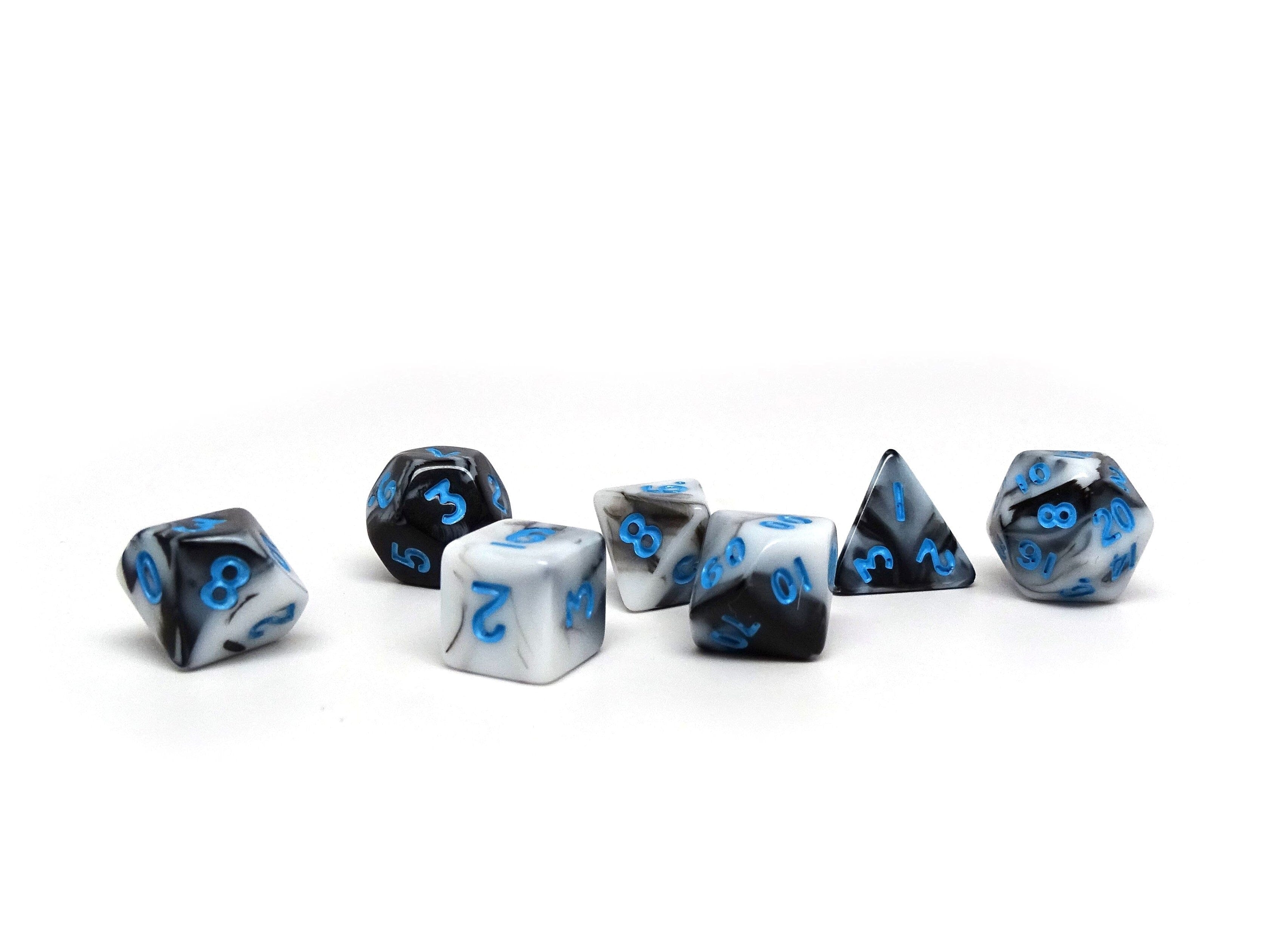 10mm Marbled with Blue Numbering Mini Dice Set - Bards & Cards