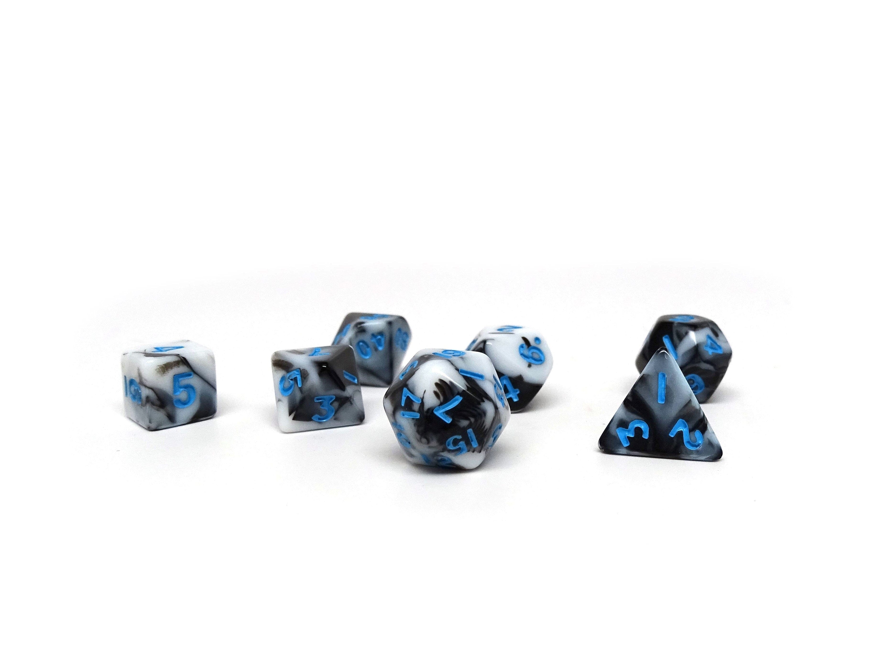 10mm Marbled with Blue Numbering Mini Dice Set - Bards & Cards