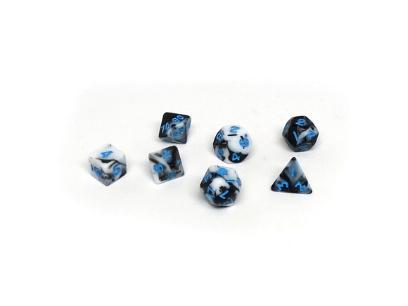 10mm Marbled with Blue Numbering Mini Dice Set - Bards & Cards